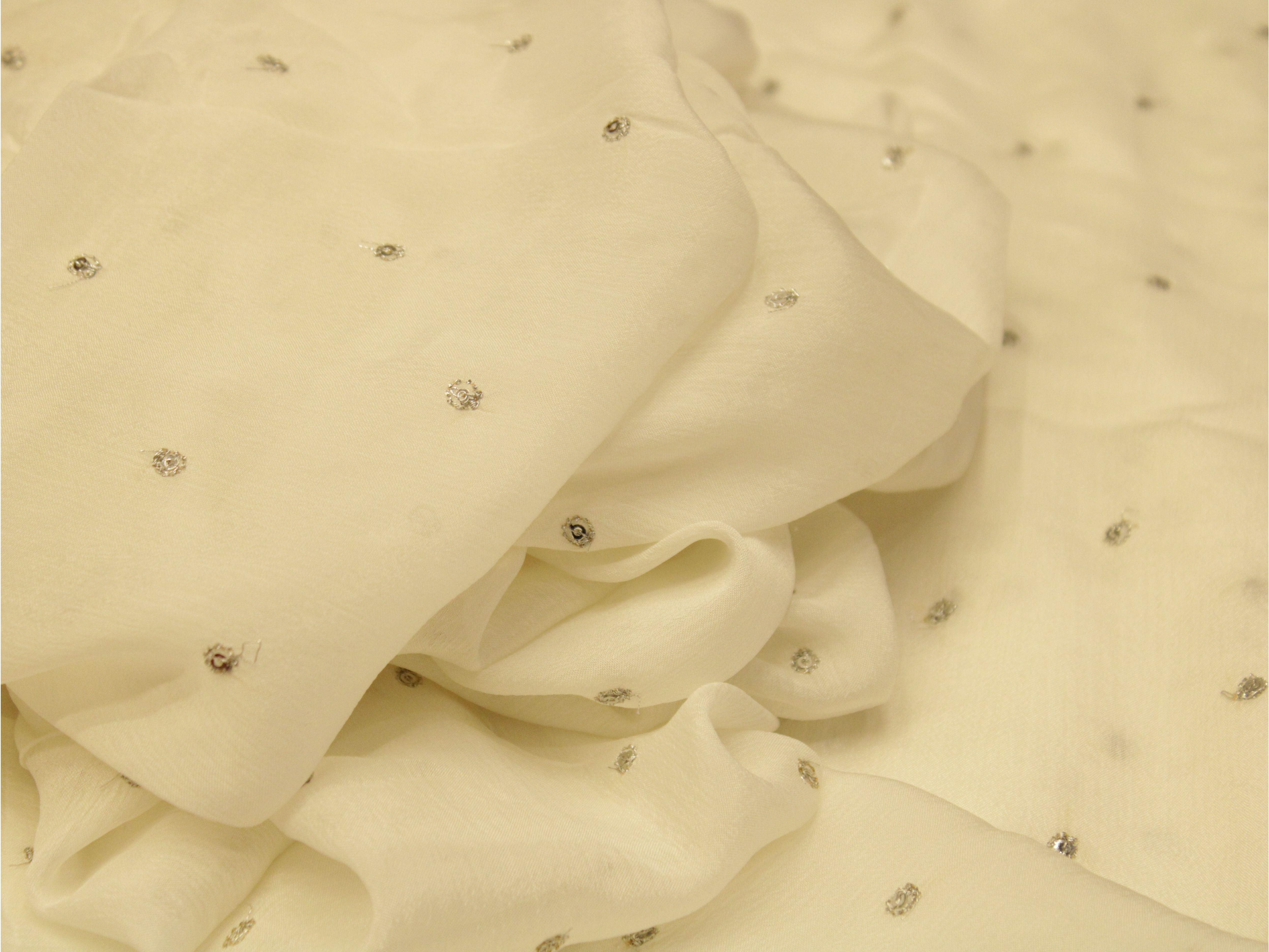 Pure Chinon Silver Buti Work Fabric - White Dyeable - M'Foks