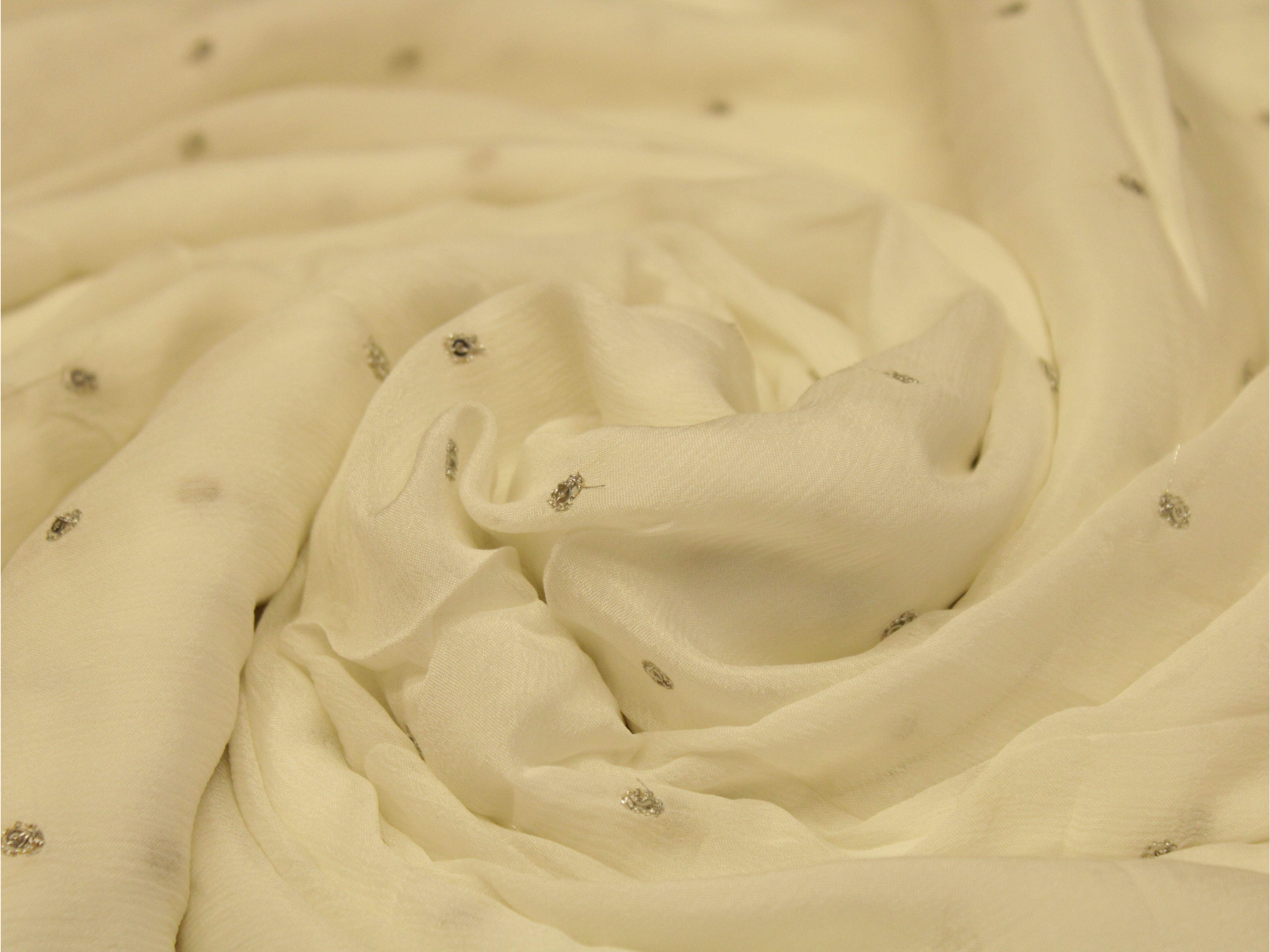 Pure Chinon Silver Buti Work Fabric - White Dyeable - M'Foks
