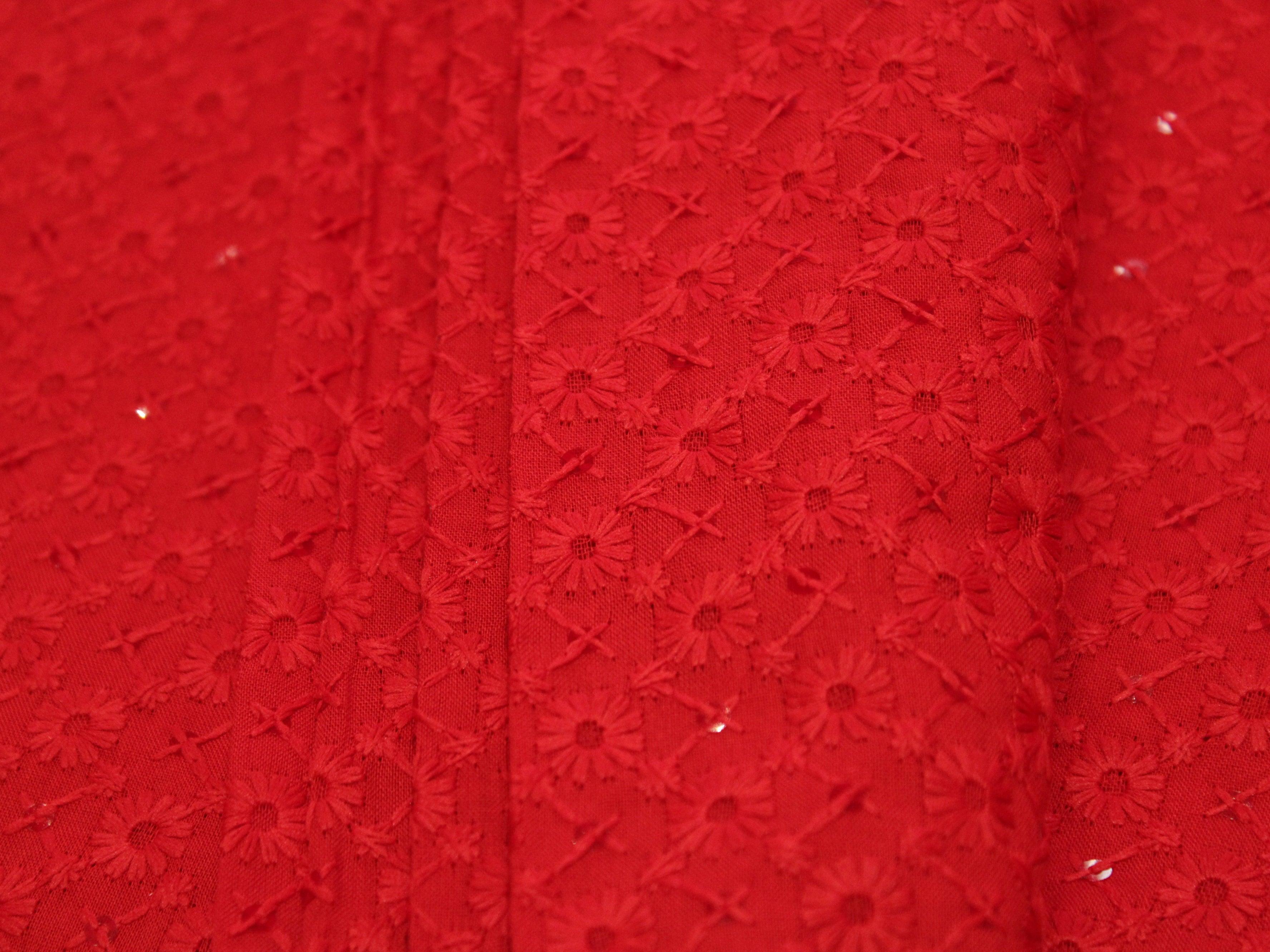 Quin : Cotton Schiffli Work Fabric - Red - M'Foks