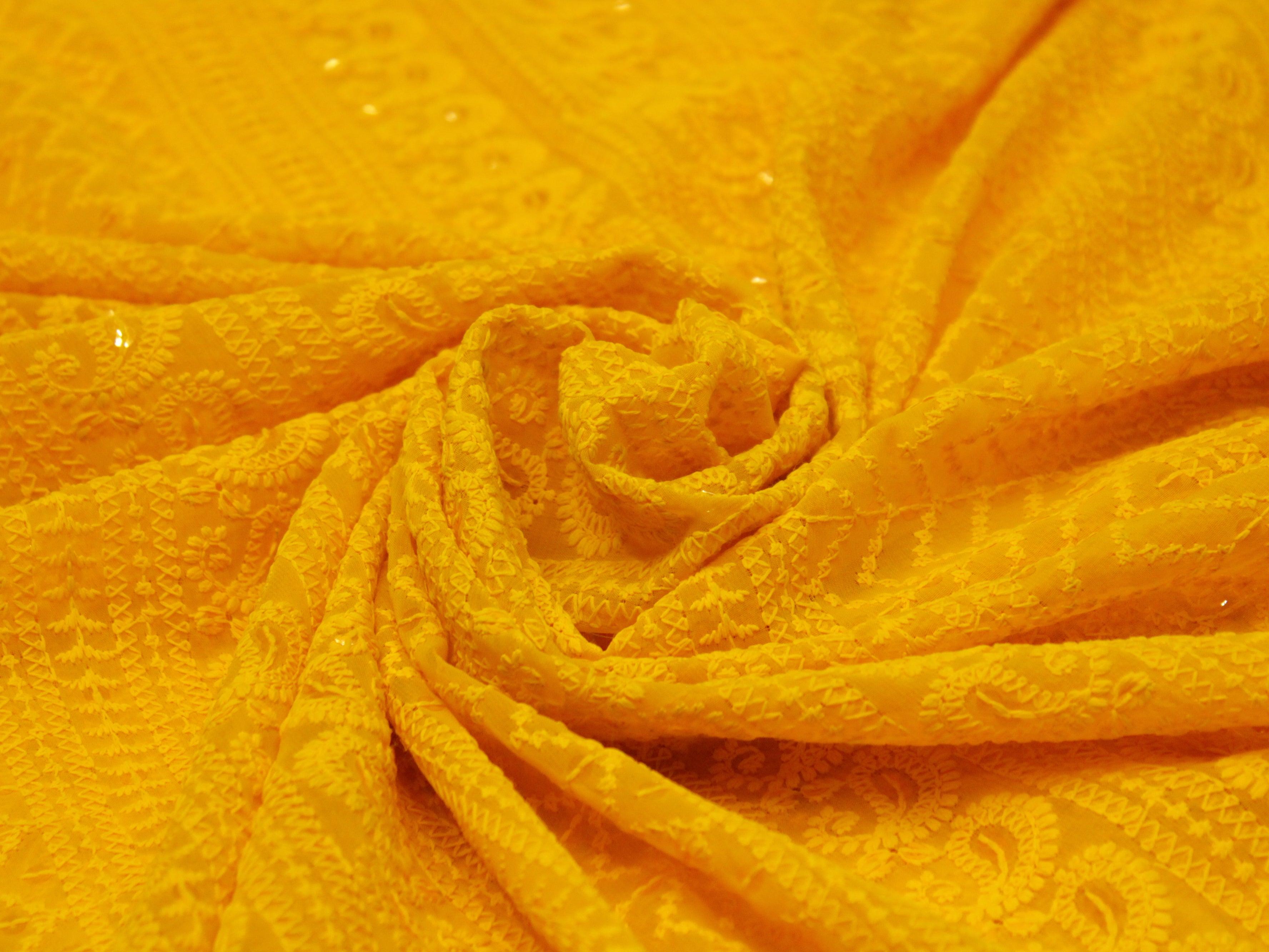 Quin : Georgette Schiffli Work Fabric - Yellow - M'Foks