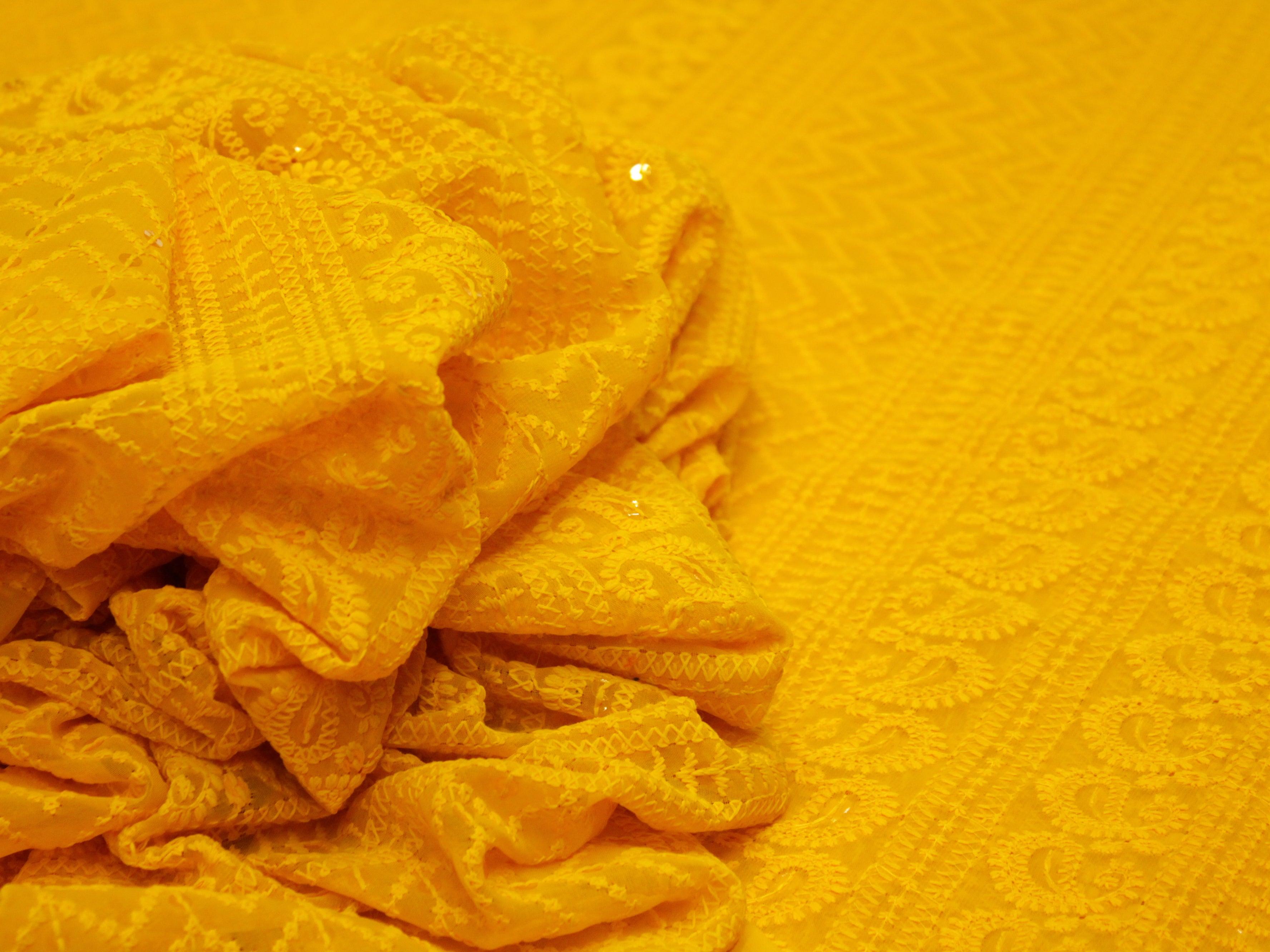 Quin : Georgette Schiffli Work Fabric - Yellow - M'Foks
