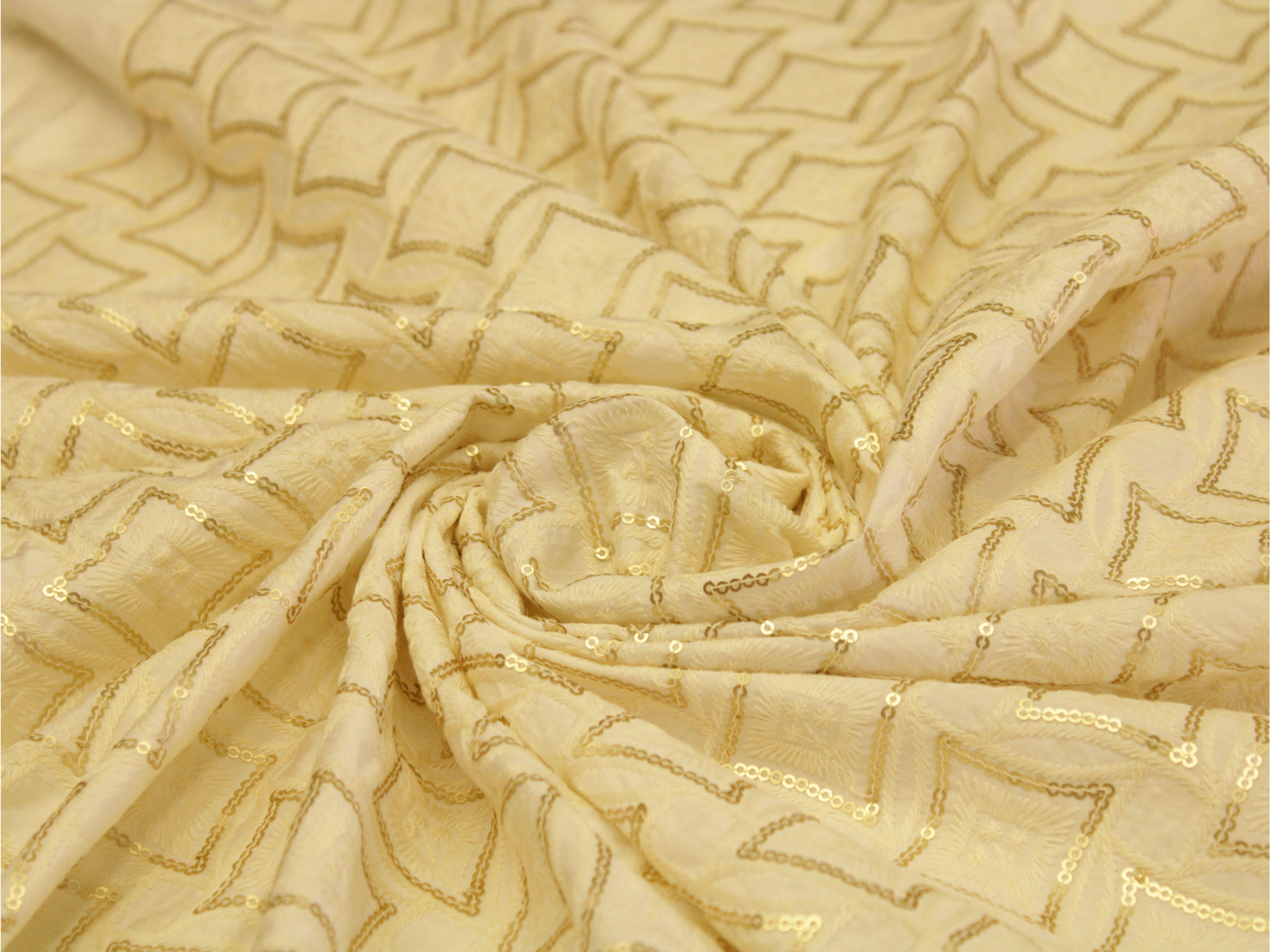 Raw Silk Thread & Sequin Work Fabric - White Dyeable - M'Foks