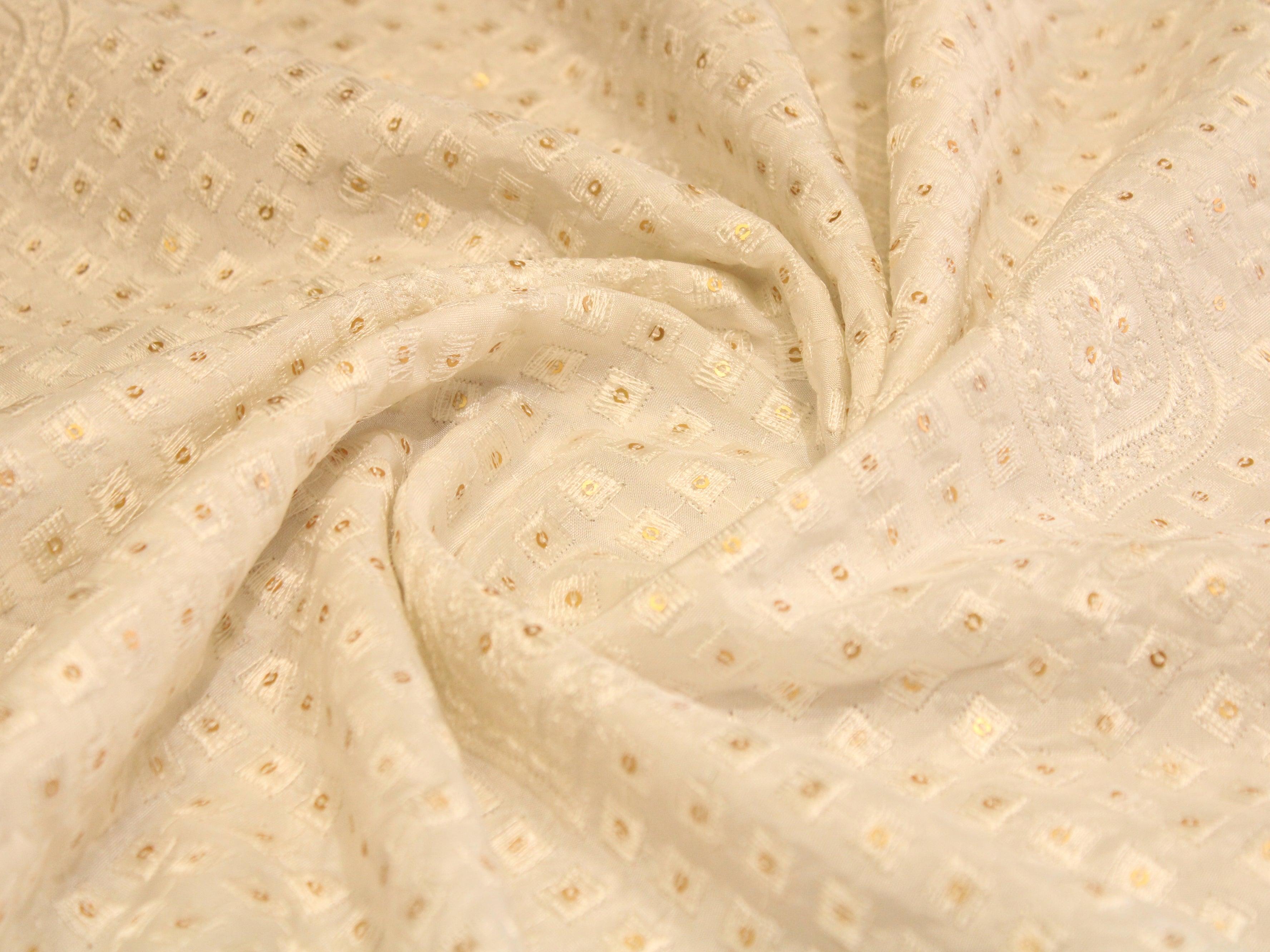 Sequin Upada Work Fabric - White Dyeable - M'Foks