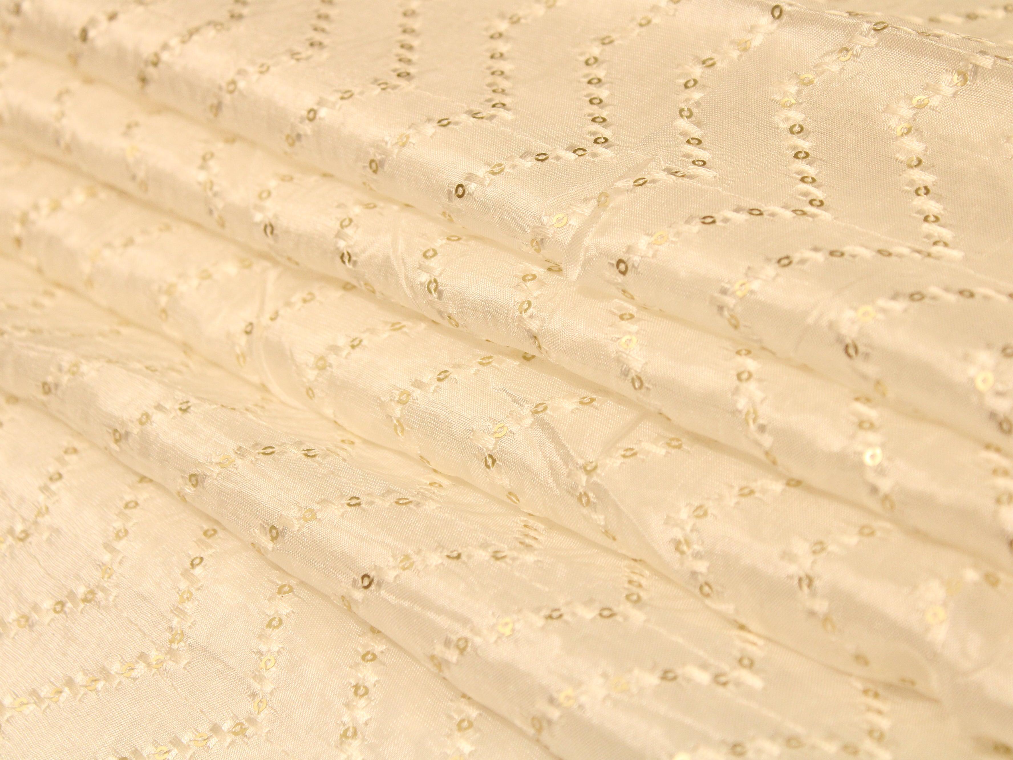 Sequin Upada Zigzag Work Fabric - White Dyeable - M'Foks