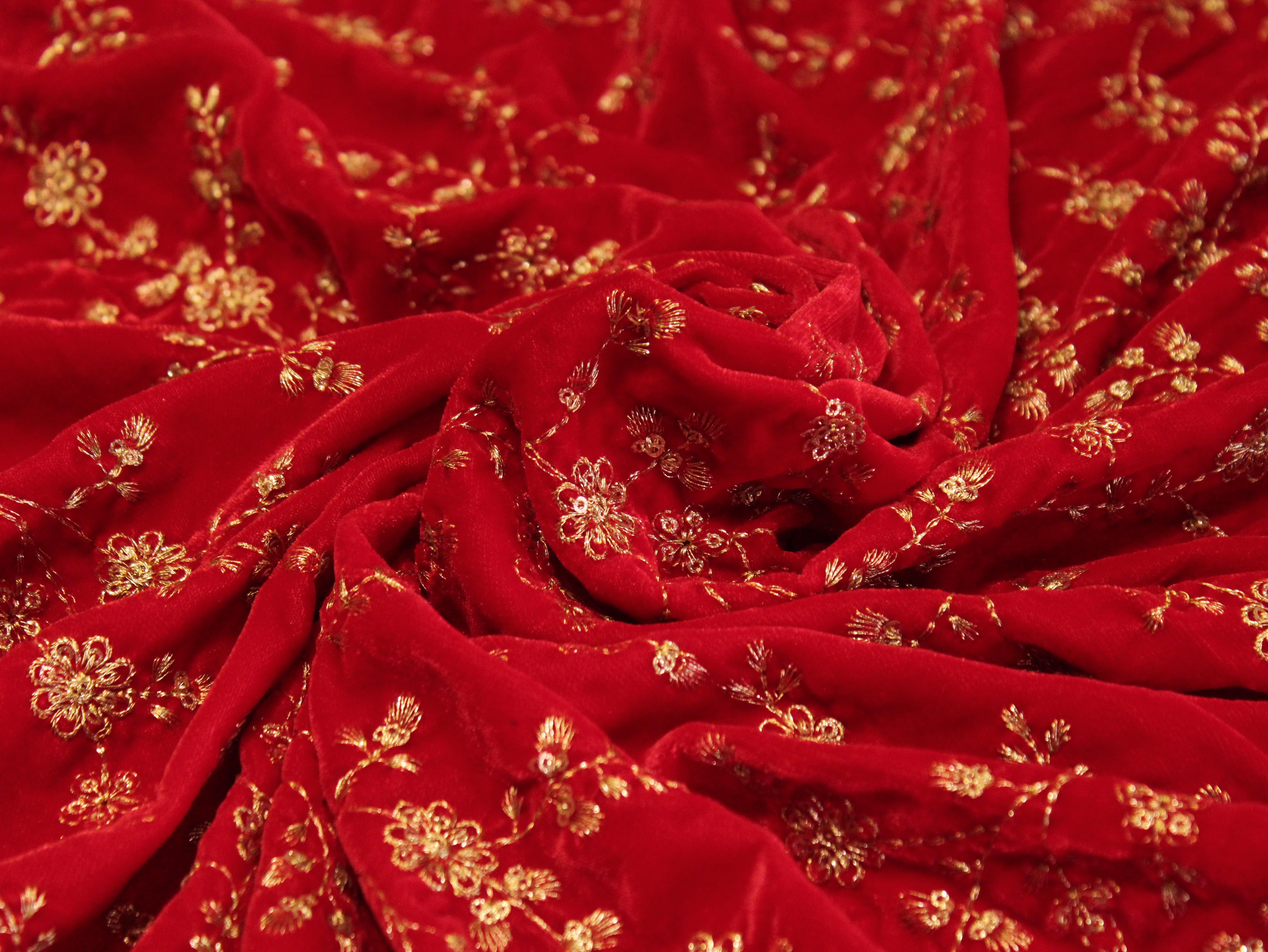 Sequin Work Micro Velvet Fabric - Red - M'Foks