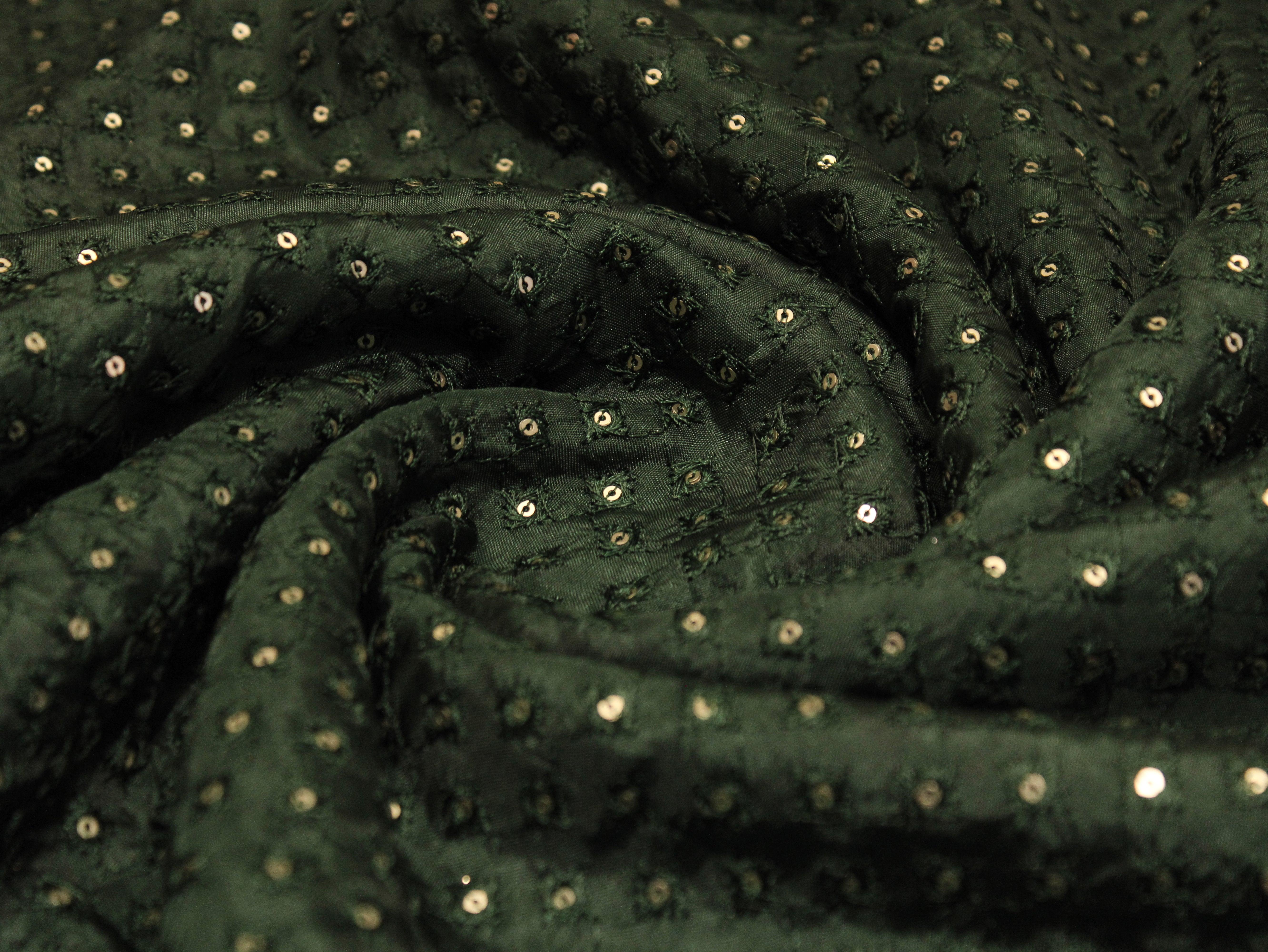 Upada Silk : Micro Thread & Sequin Work Fabric - Dark Green - M'Foks