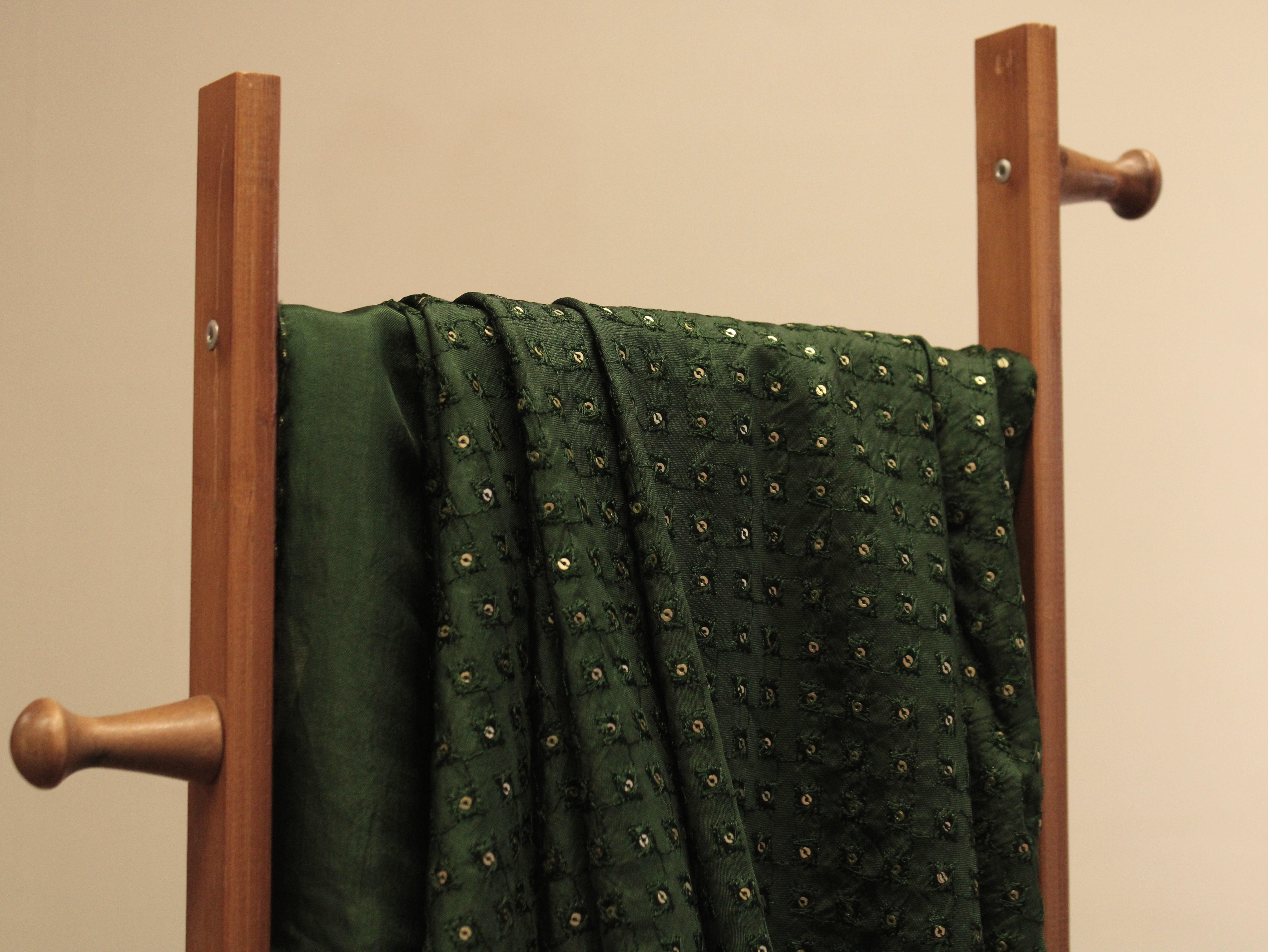Upada Silk : Micro Thread & Sequin Work Fabric - Dark Green - M'Foks