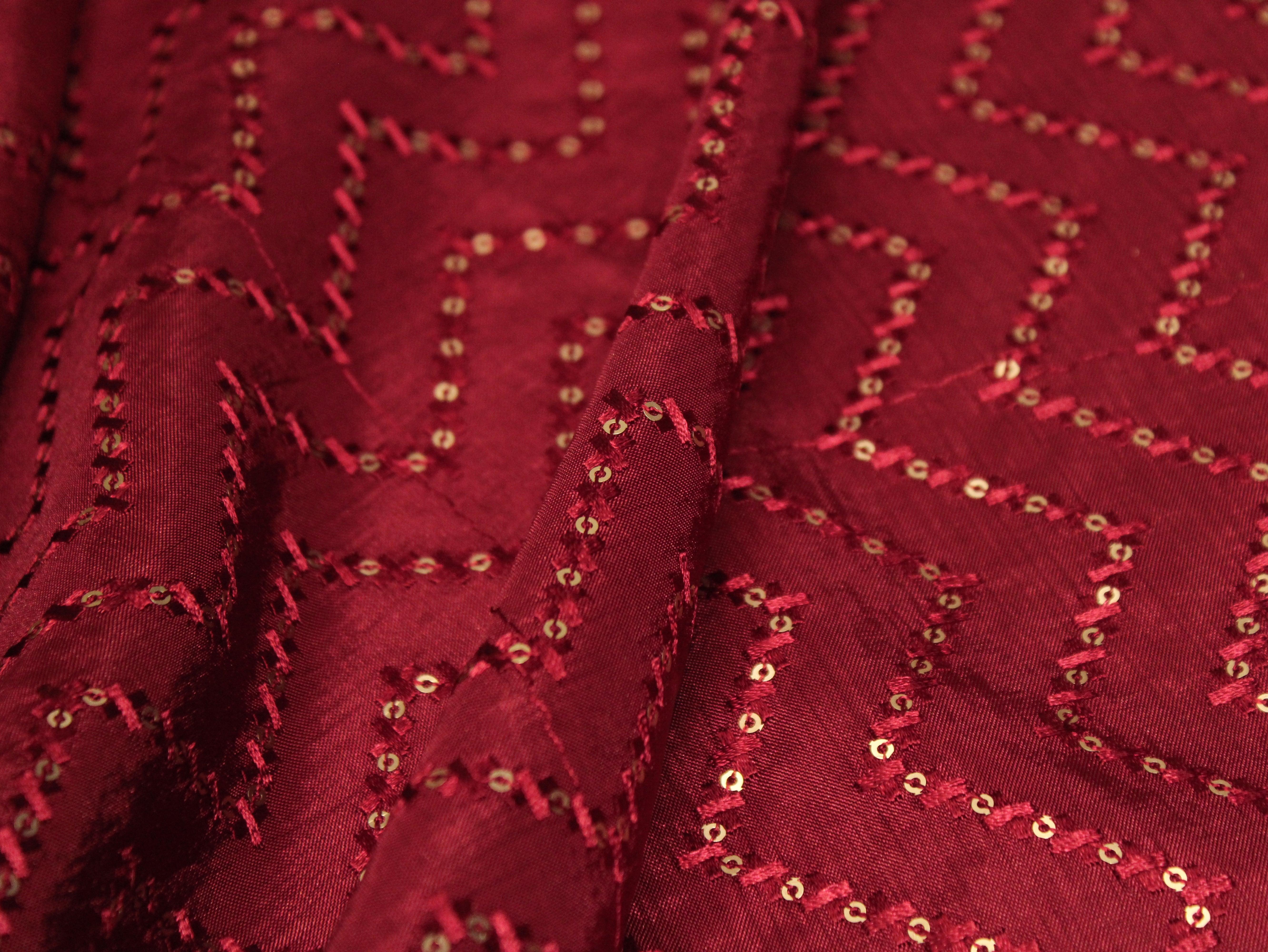 Upada Silk : Micro Thread & Sequin Work Fabric - Maroon - M'Foks
