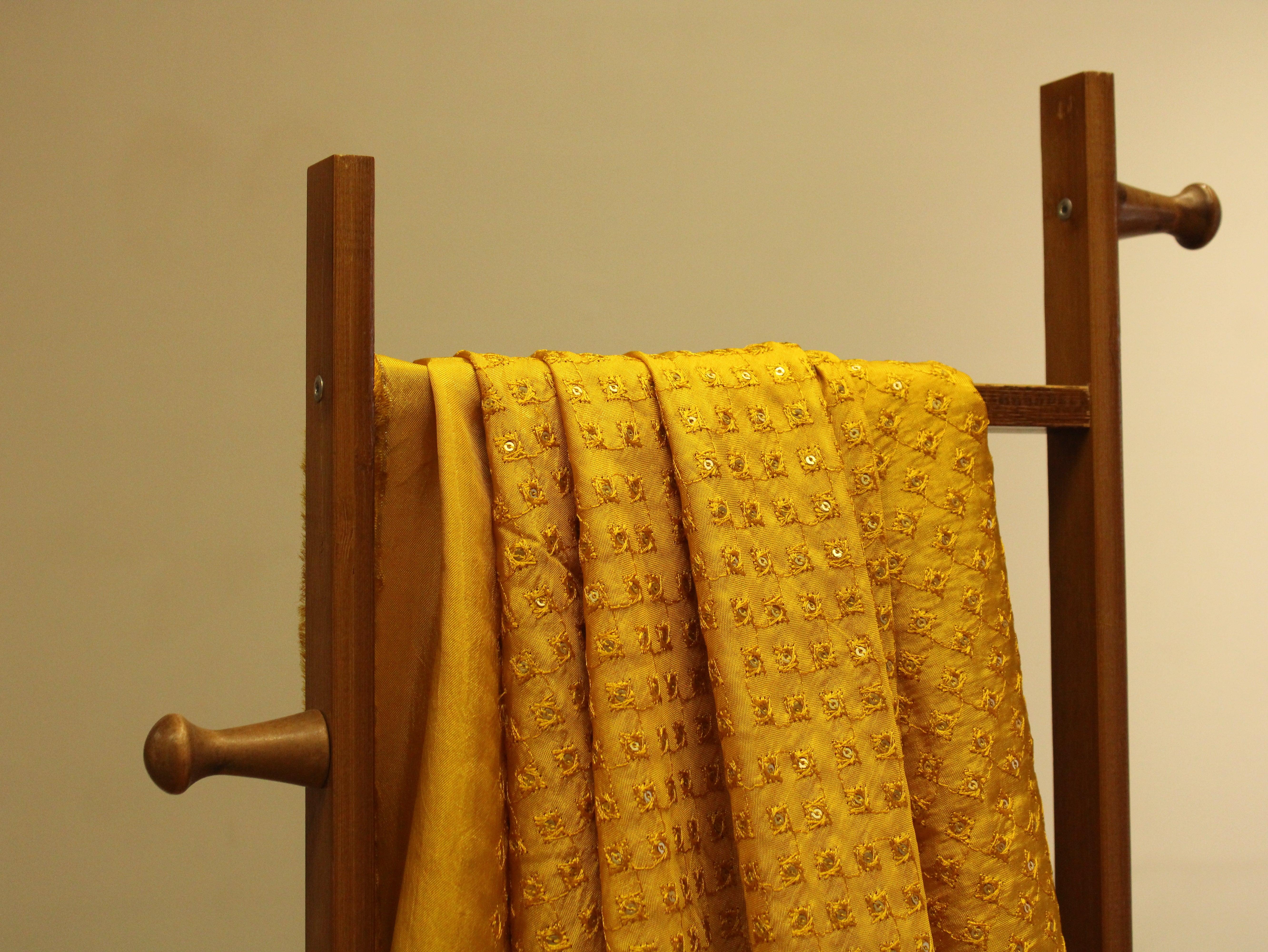 Upada Silk : Micro Thread & Sequin Work Fabric - Mustard Yellow - M'Foks