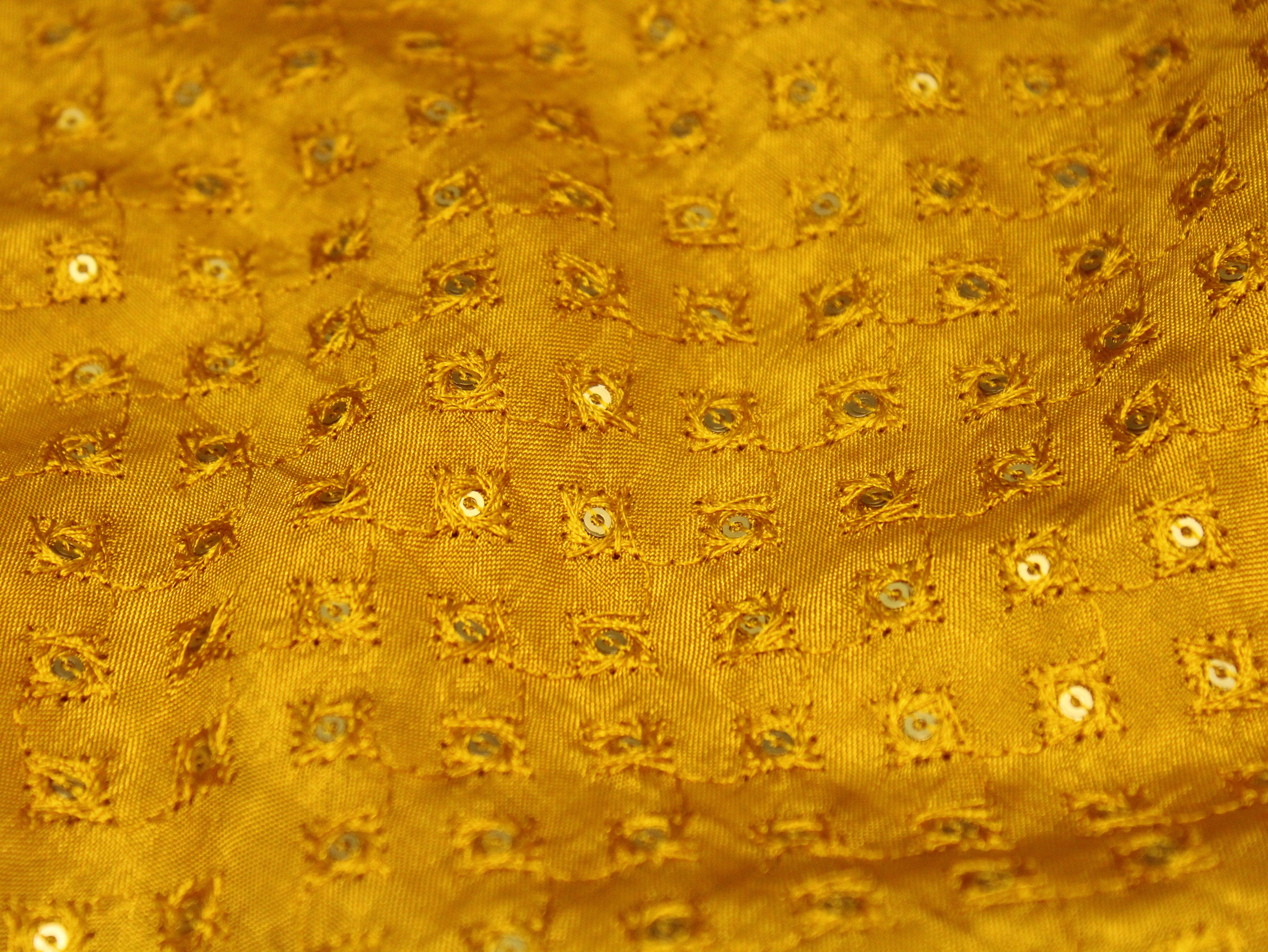Upada Silk : Micro Thread & Sequin Work Fabric - Mustard Yellow - M'Foks