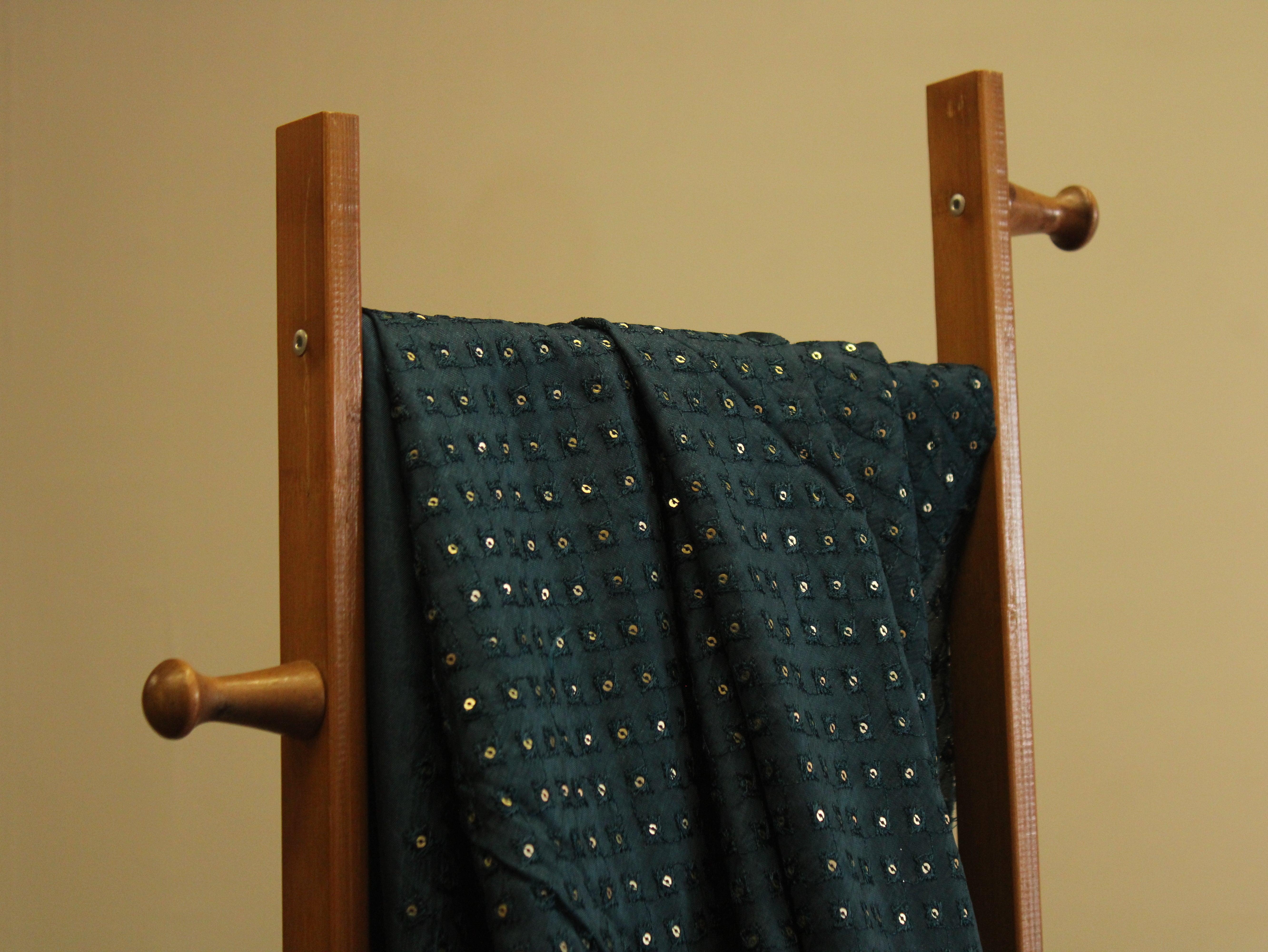 Upada Silk : Micro Thread & Sequin Work Fabric - Peacock Blue - M'Foks