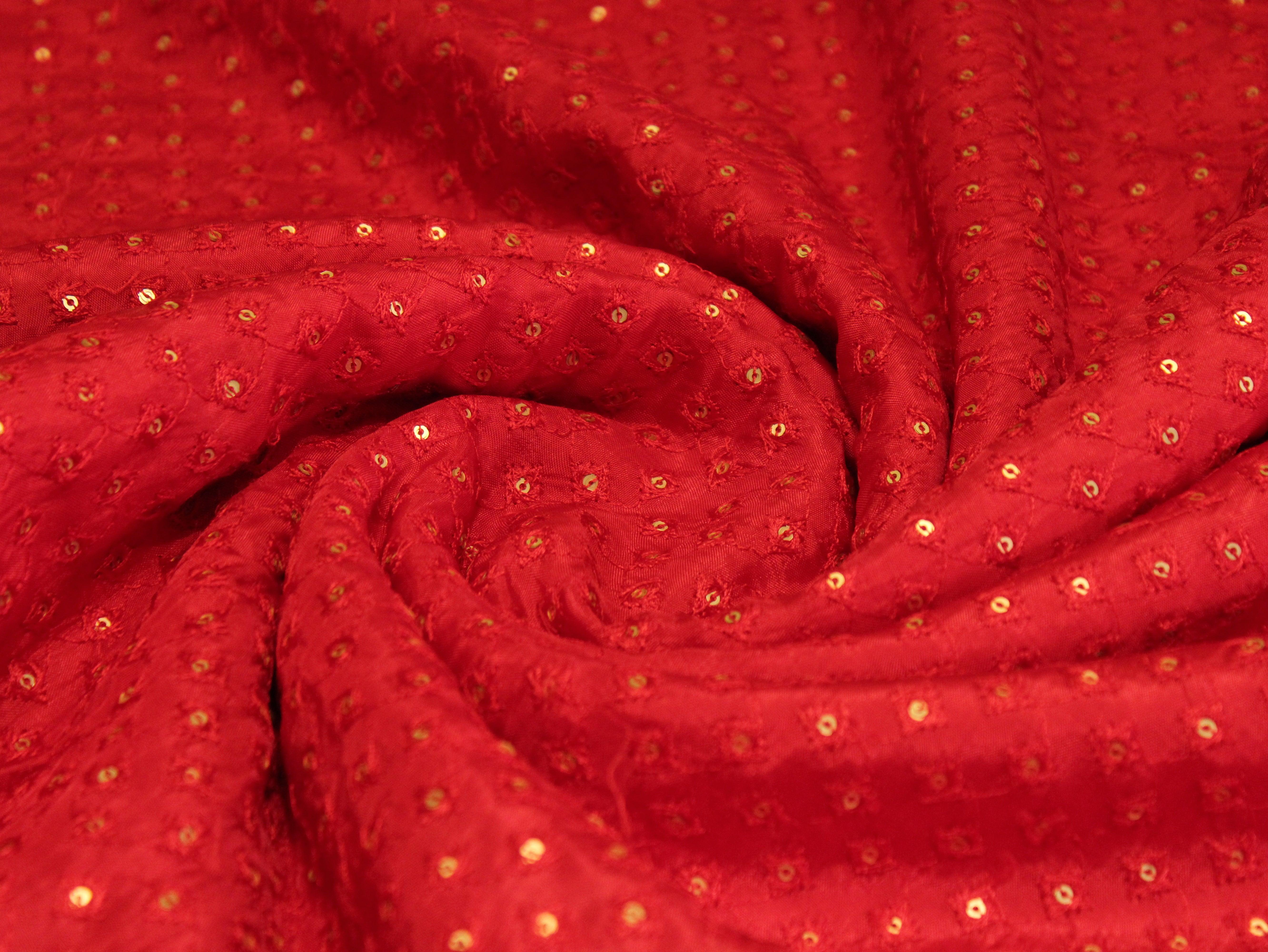 Upada Silk : Micro Thread & Sequin Work Fabric - Red - M'Foks