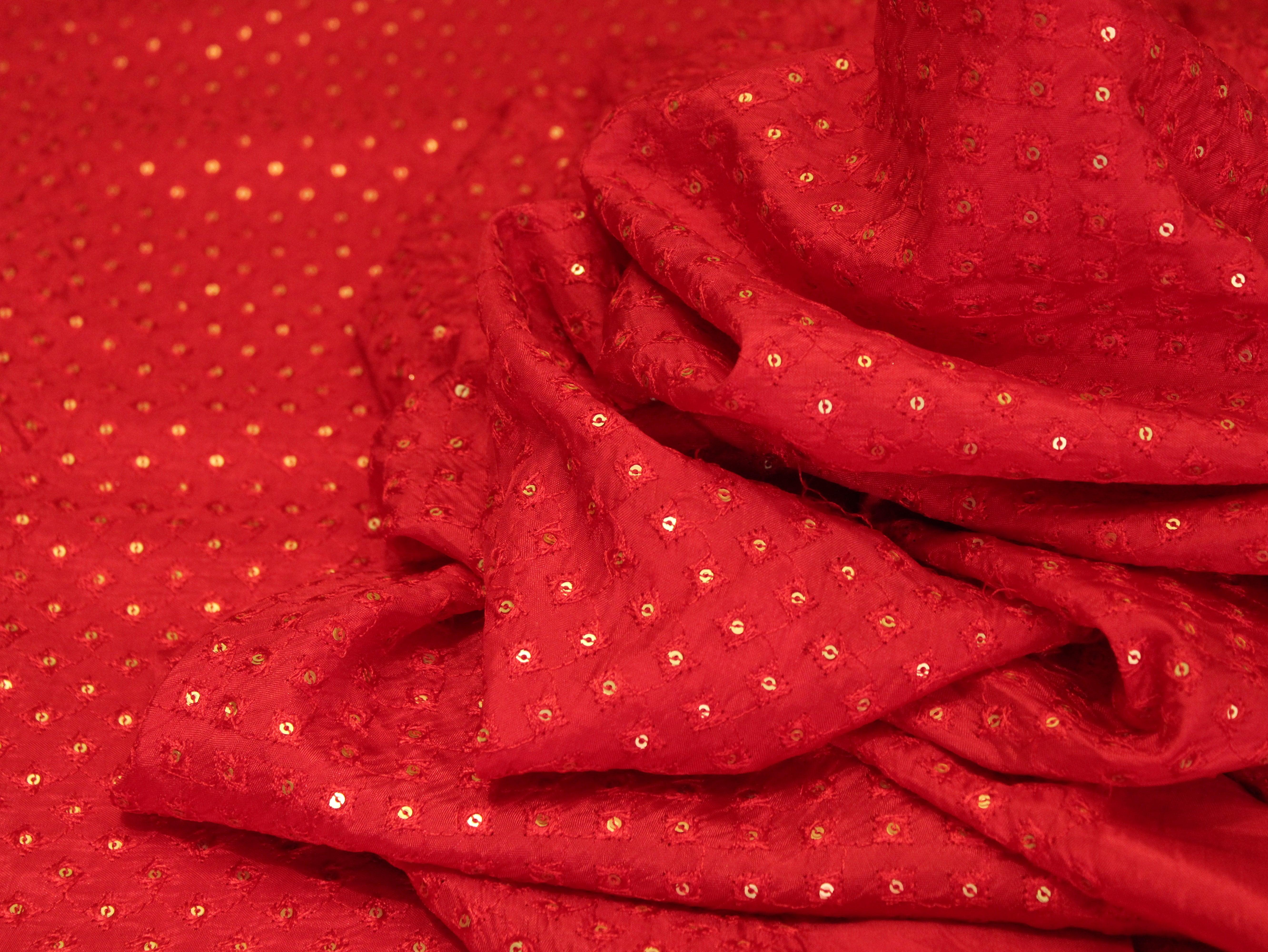 Upada Silk : Micro Thread & Sequin Work Fabric - Red - M'Foks