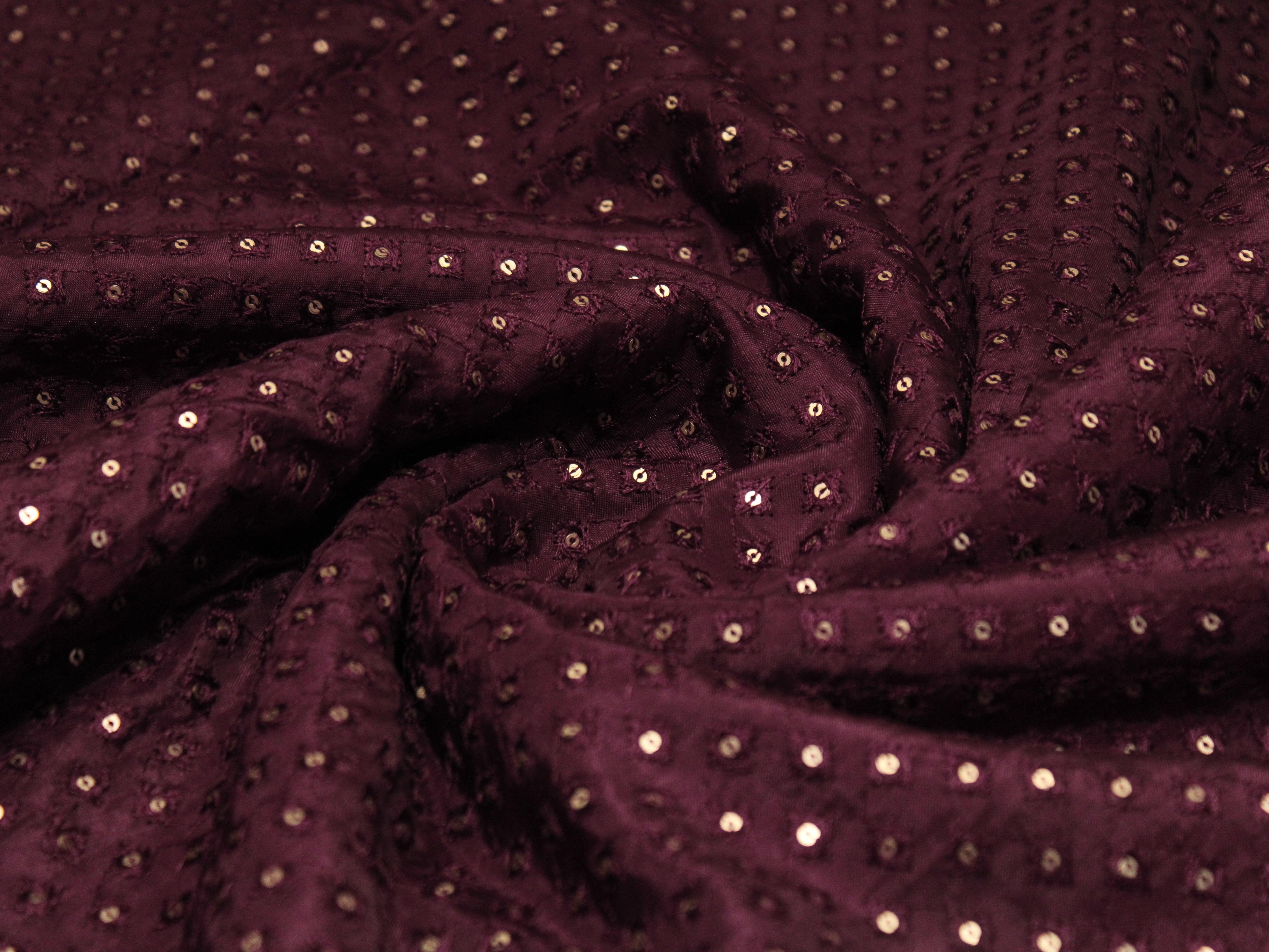 Upada Silk : Micro Thread & Sequin Work Fabric - Wine - M'Foks