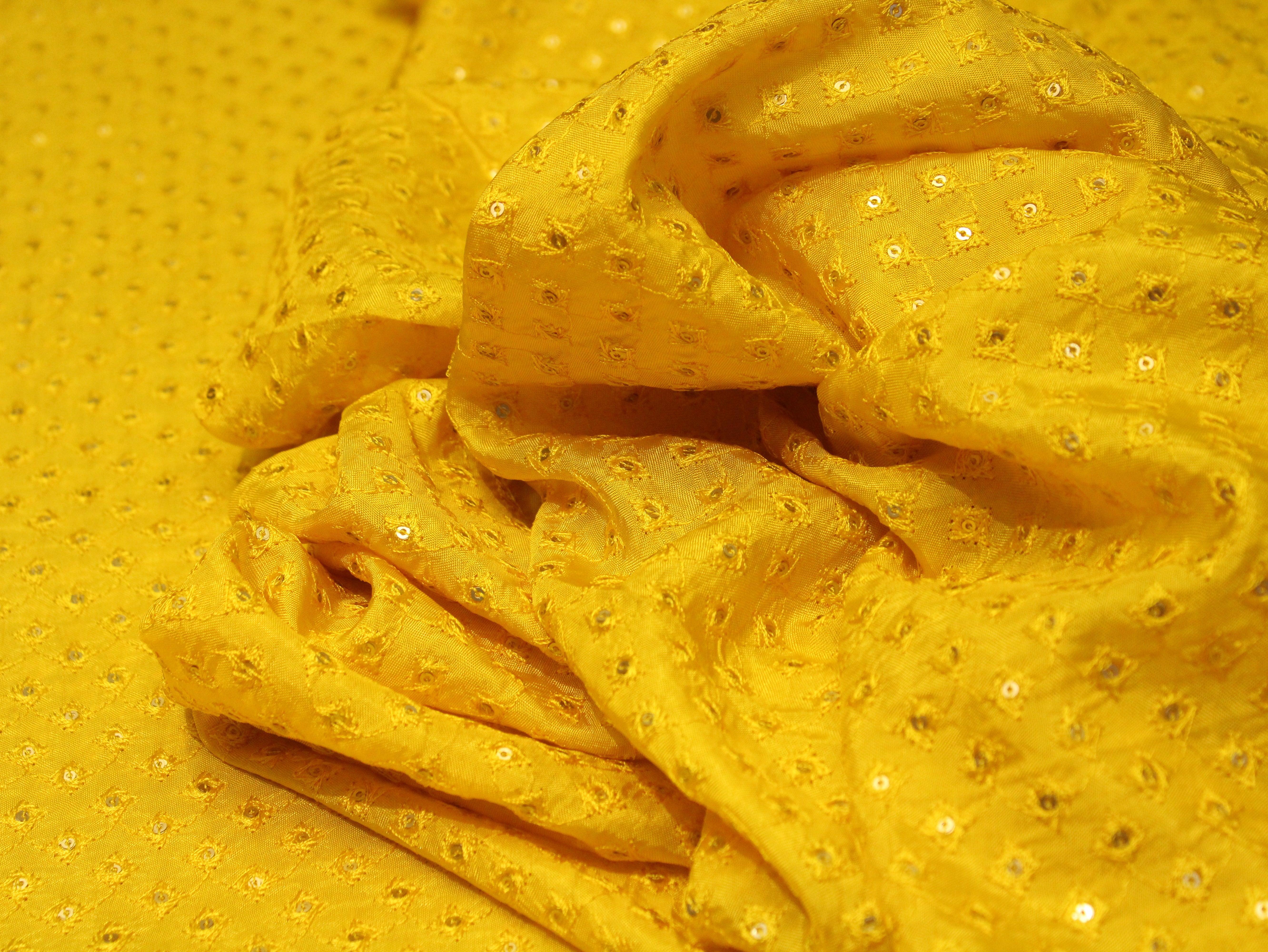 Upada Silk : Micro Thread & Sequin Work Fabric - Yellow - M'Foks