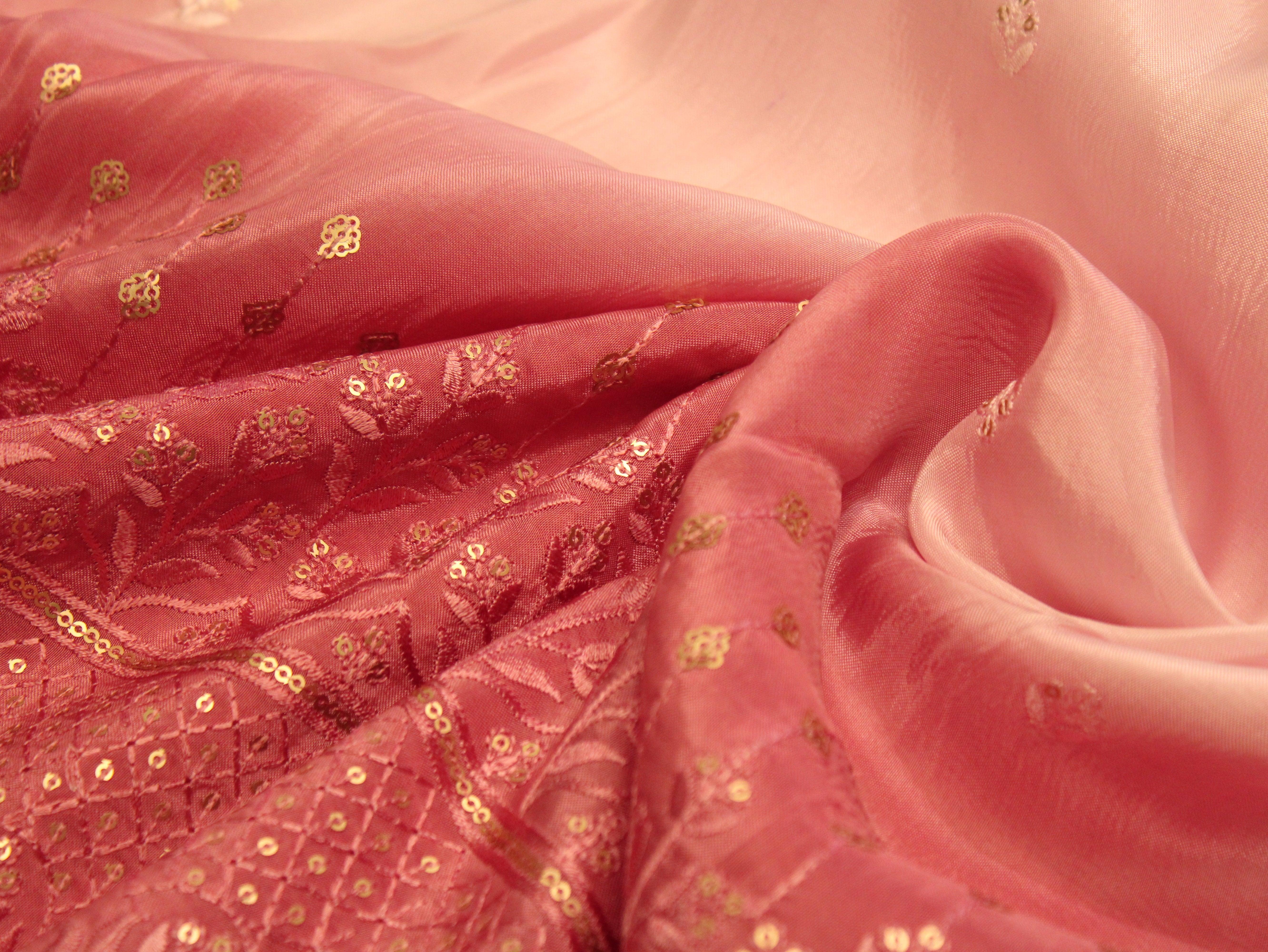 Upada Silk : Shaded Micro Thread & Sequin Work Fabric - Pink & Onion - M'Foks