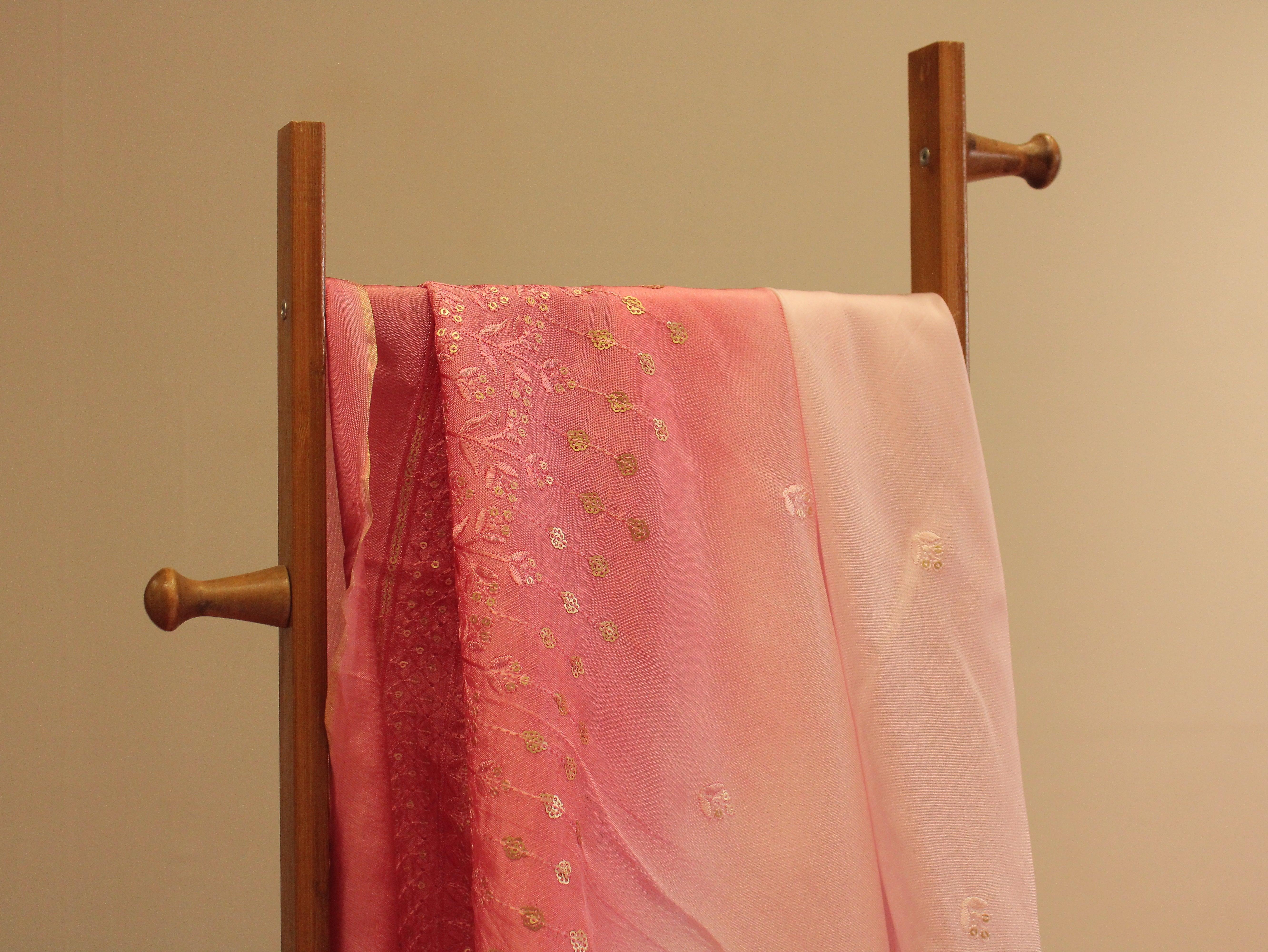Upada Silk : Shaded Micro Thread & Sequin Work Fabric - Pink & Onion - M'Foks