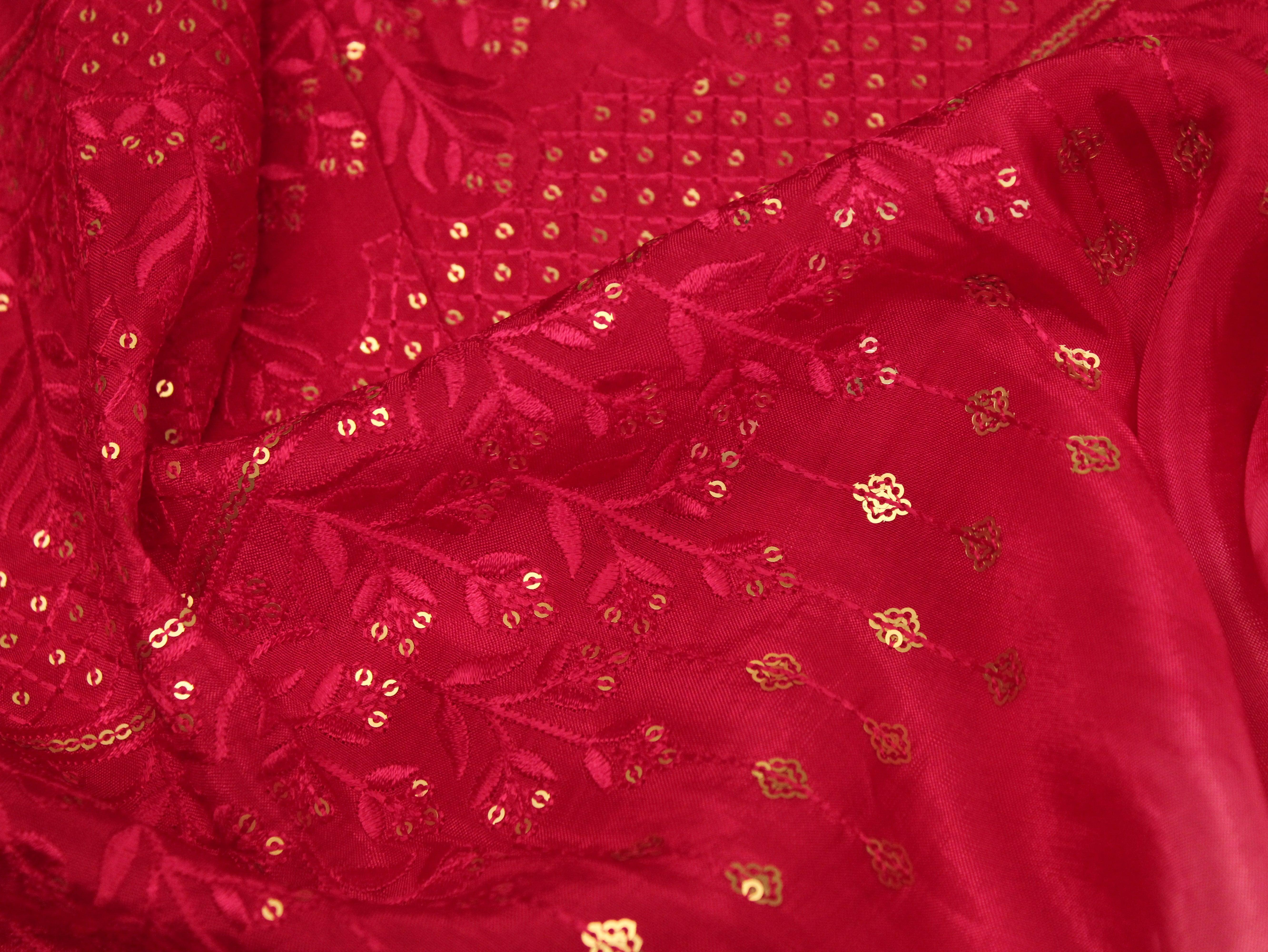 Upada Silk : Shaded Micro Thread & Sequin Work Fabric - Rani - M'Foks