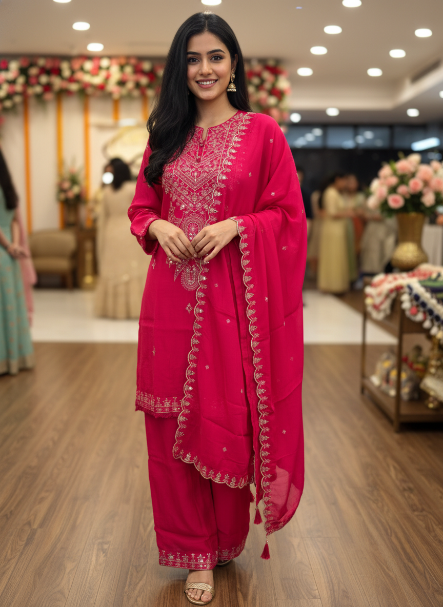 Mal Chanderi Parsi Pattern Suit Set – Rani Pink Elegance with Intricate Threadwork