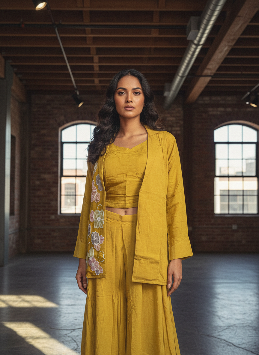 Pure Mal Chanderi Mustard Coord Set with Floral Applique Embroidery