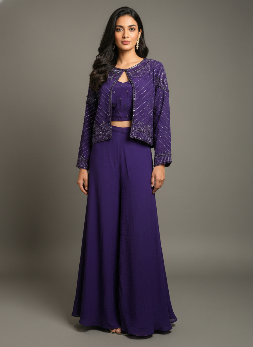 Royal Purple Natural Crepe Designer Co-Ord Set with Pearl & Bead Embellished Jacket