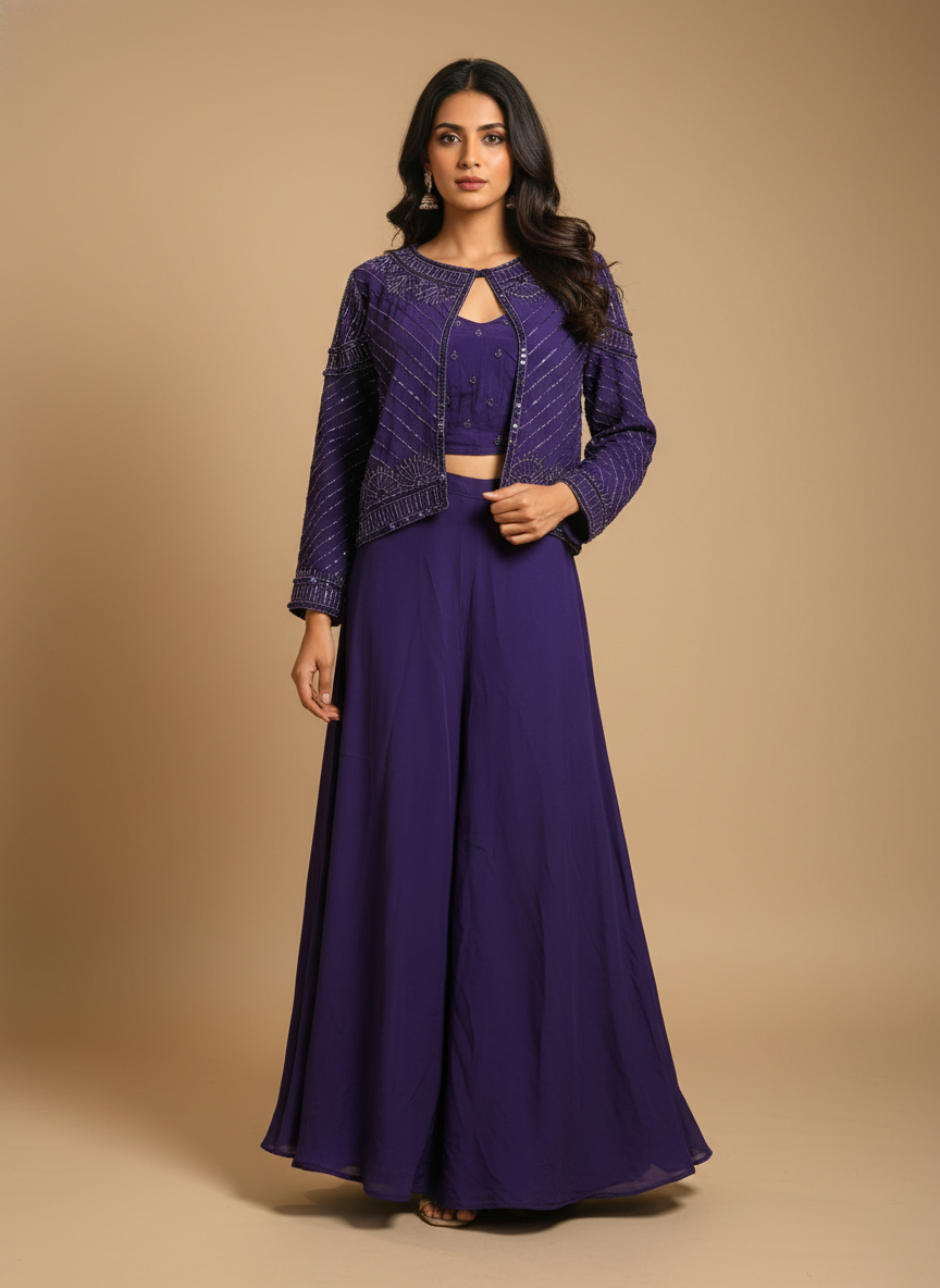 Royal Purple Natural Crepe Designer Co-Ord Set with Pearl & Bead Embellished Jacket