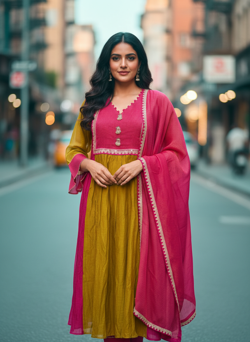 Pure Mal Chanderi Designer Suit Set – Green & Rani A-Line Kurta with Banarasi Dupatta