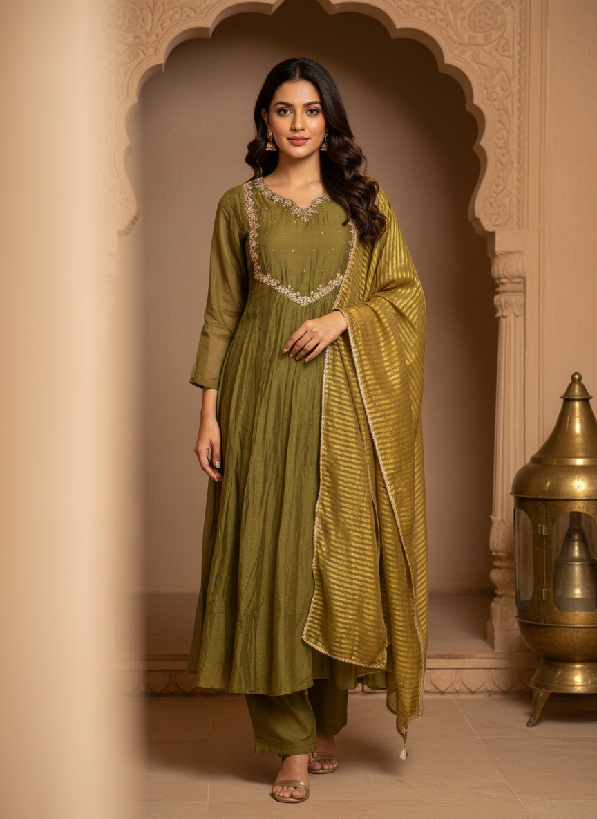 Pure Mal Chanderi Mehendi Green Suit Set with Gota Patti Work & Banarasi Dupatta