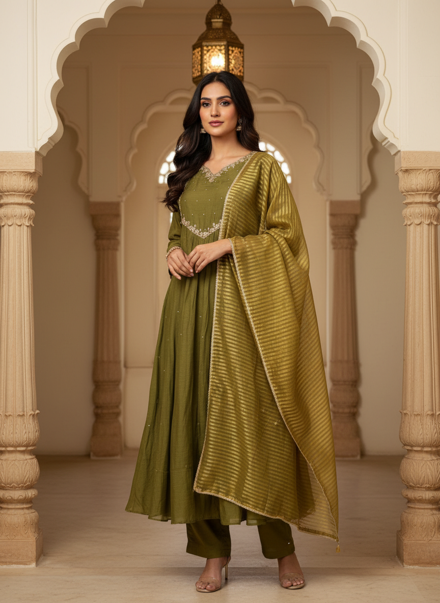 Pure Mal Chanderi Mehendi Green Suit Set with Gota Patti Work & Banarasi Dupatta