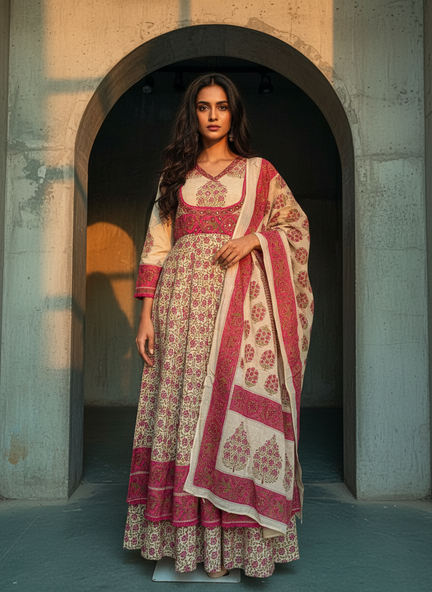 Pure Cotton A-Line Block Print Suit Set with Dupatta – Beige & Deep Pink