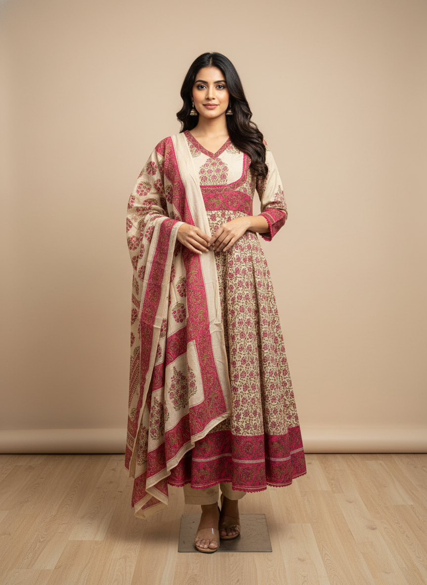 Pure Cotton A-Line Block Print Suit Set with Dupatta – Beige & Deep Pink
