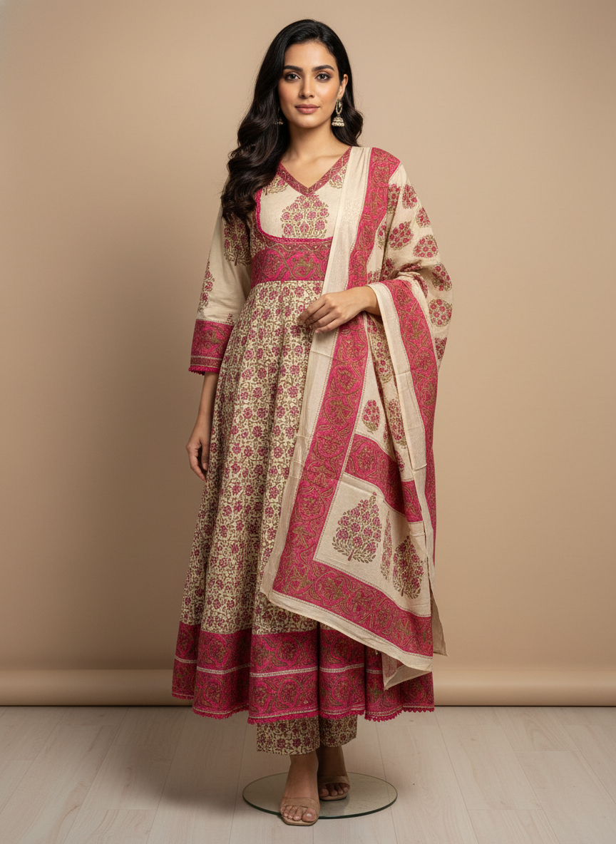 Pure Cotton A-Line Block Print Suit Set with Dupatta – Beige & Deep Pink
