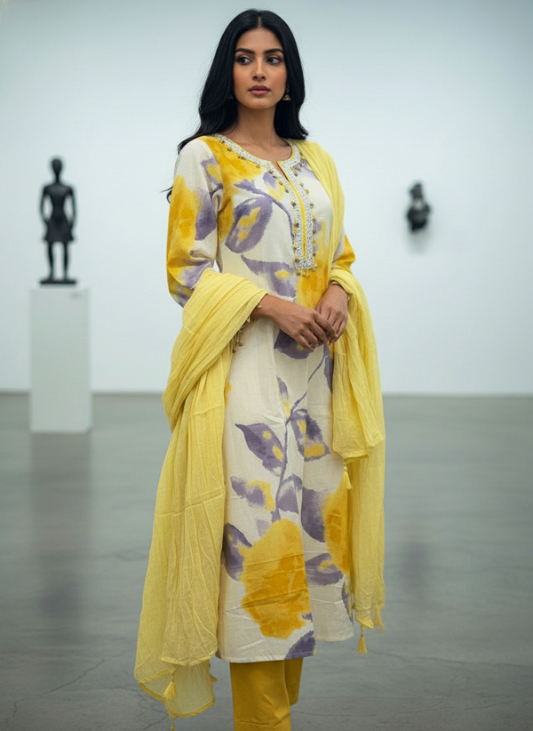 Purple & Yellow Floral Pure Cotton A-Line Suit Set