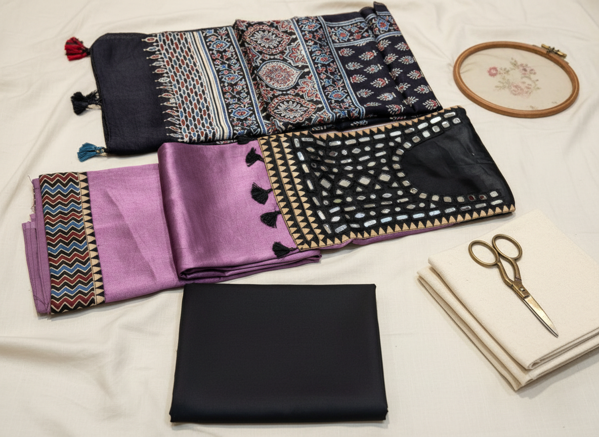 Premium Gaji Silk Unstitched Suit Set with mirror work