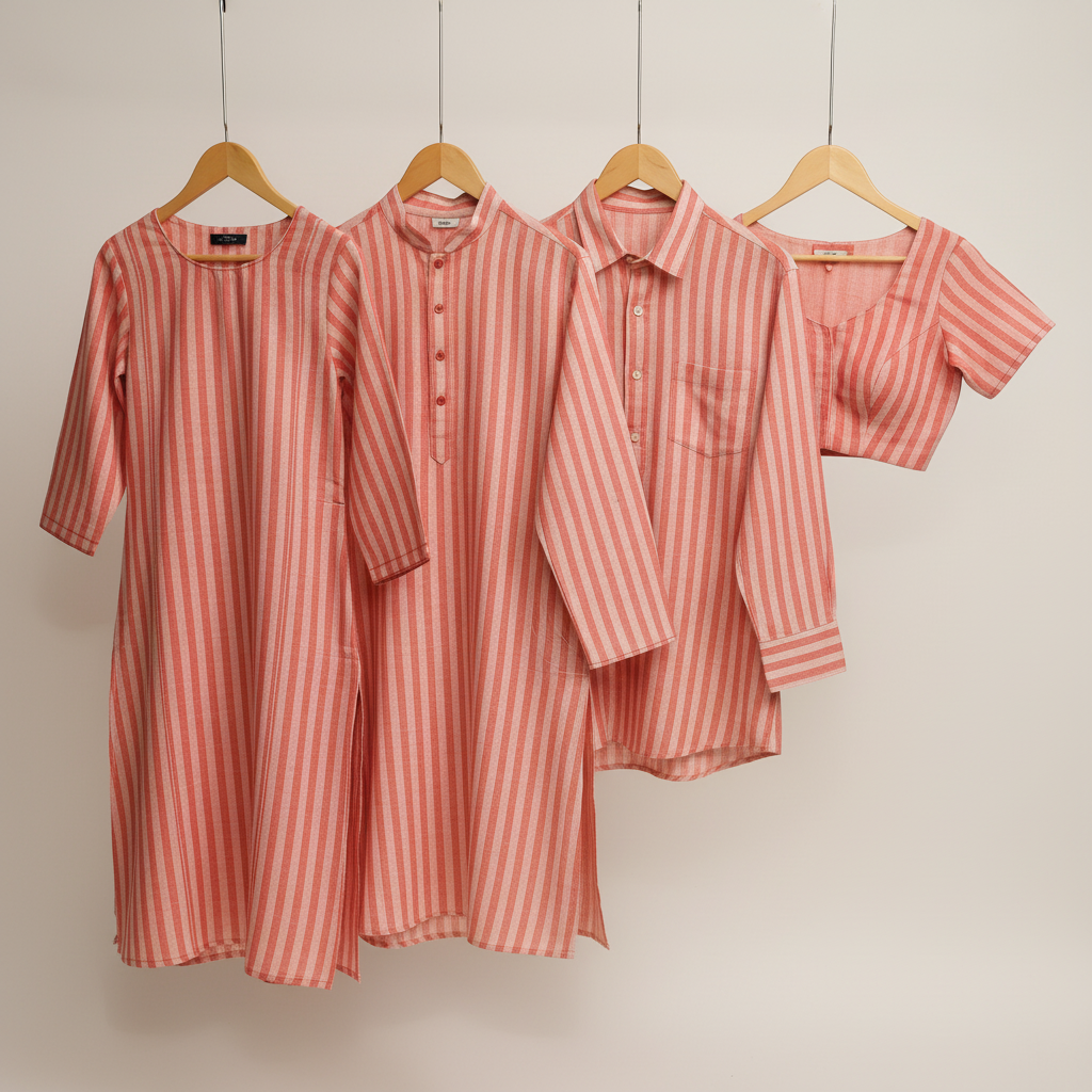 Pure Cotton Handloom Woven Fabric — Peach | Stripe | 44 Inch
