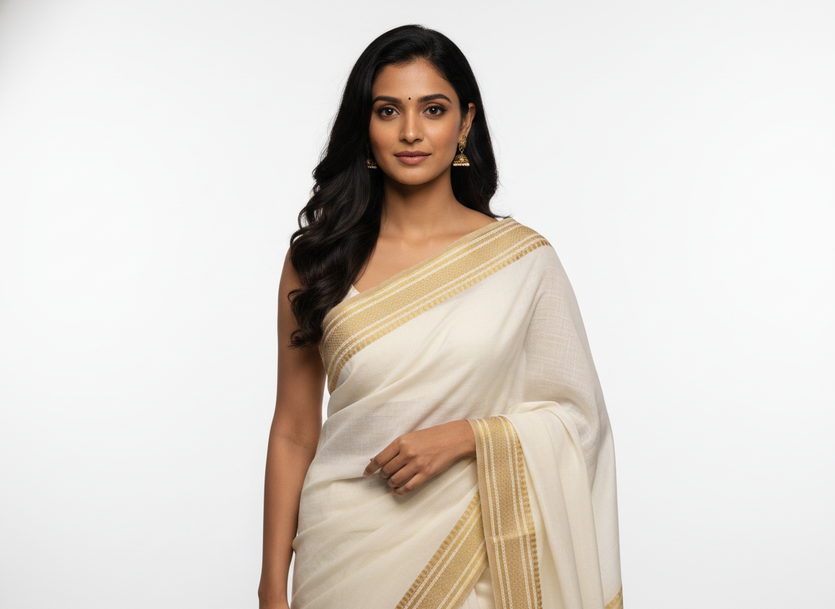Pure Cotton Jamdani Fabric with Golden Resham Woven Border - 44 Inches