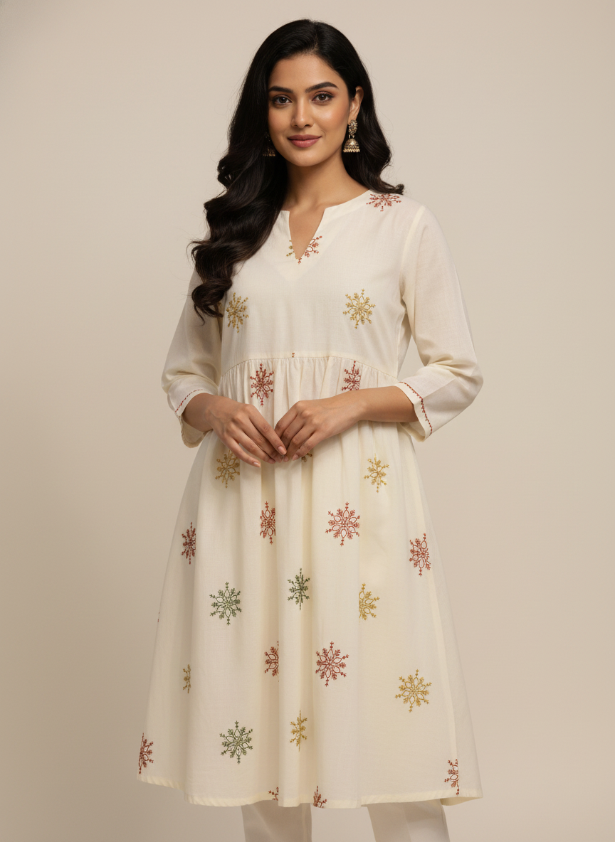 Dabu Cotton Thread Embroidered Fabric - 44 Inches - White
