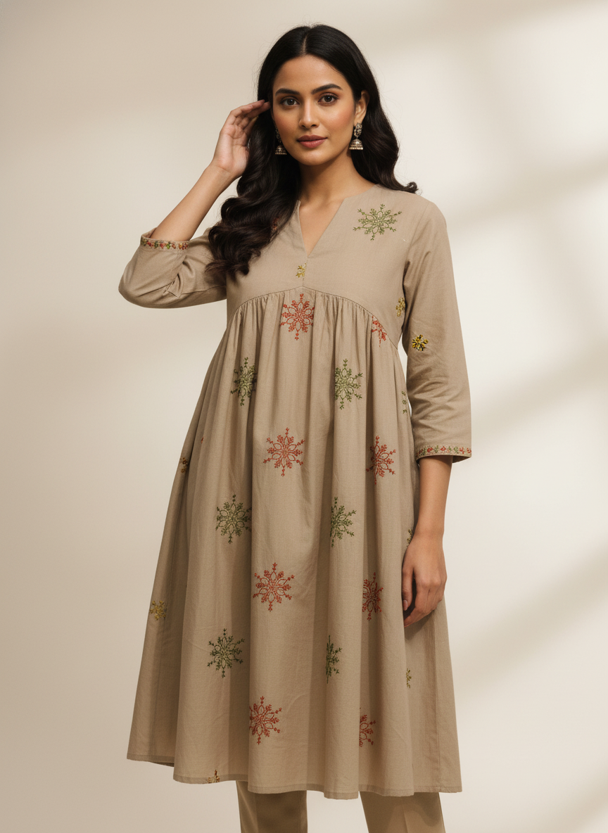 Dabu Cotton Thread Embroidered Fabric - 44 Inches - Beige