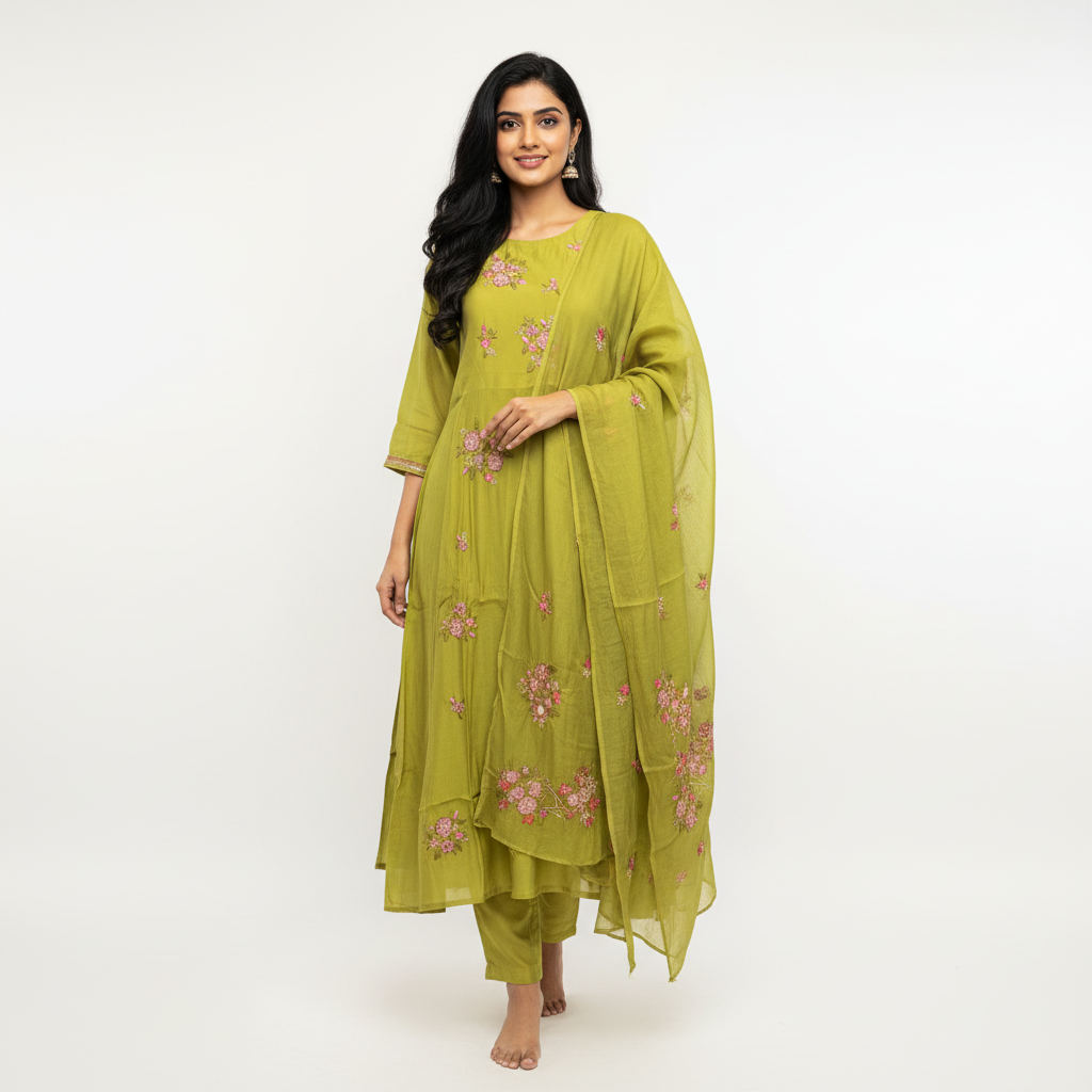 Liril Green Mal Chanderi A-line Suit Set with Dupatta - M'Foks