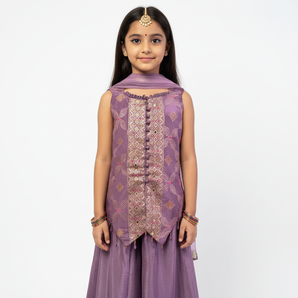 Girls’ Purple Banarasi Brocade Dress Set – A Blend of Tradition & Modern Elegance