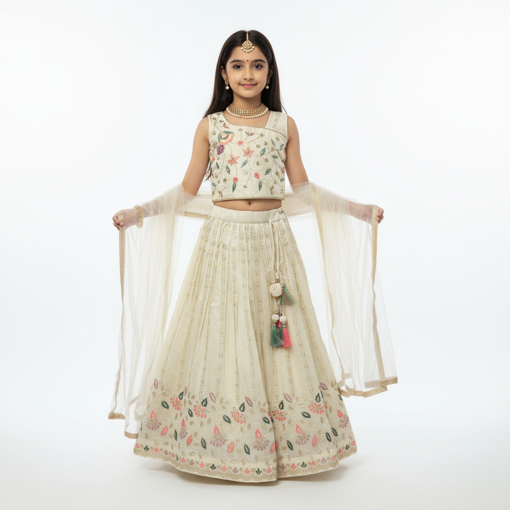 Ivory Tissue Kids’ Lehenga & Blouse Set – Elegant Handcrafted Festive Wear
