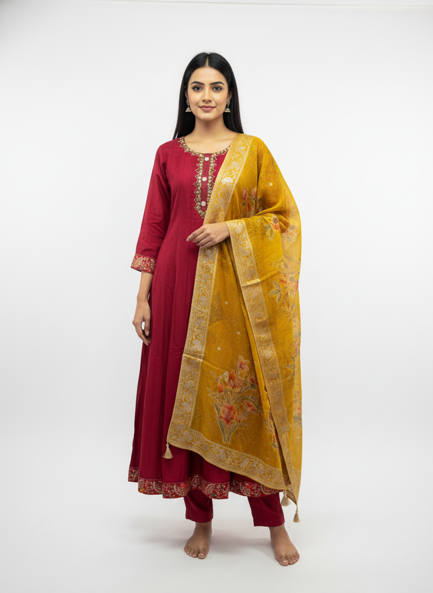 Maroon Dola Silk A-Line Suit Set with Golden Organza Dupatta