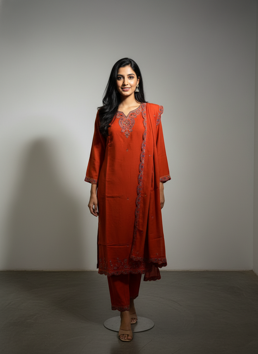 Rust Orange Romansilk Straight Suit Set
