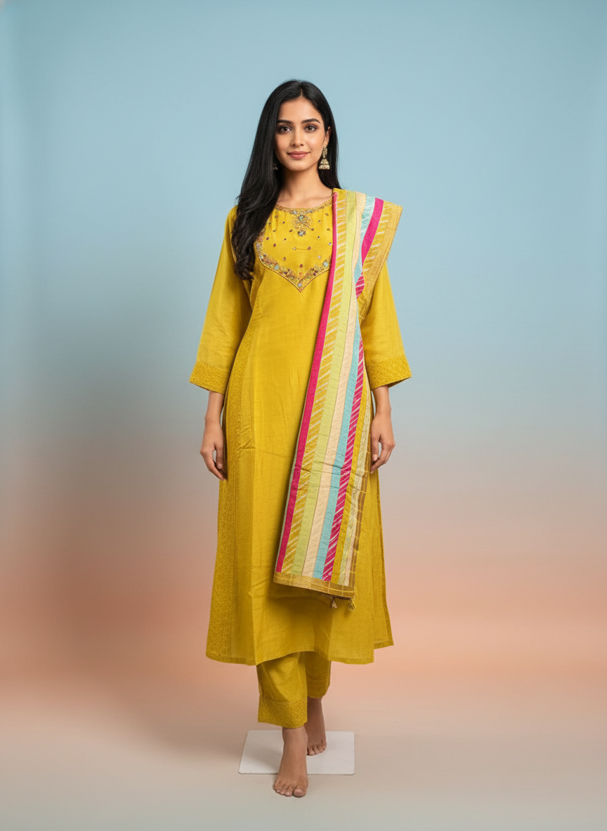 Dola Silk A-line Suit Set – Lime Yellow Elegance