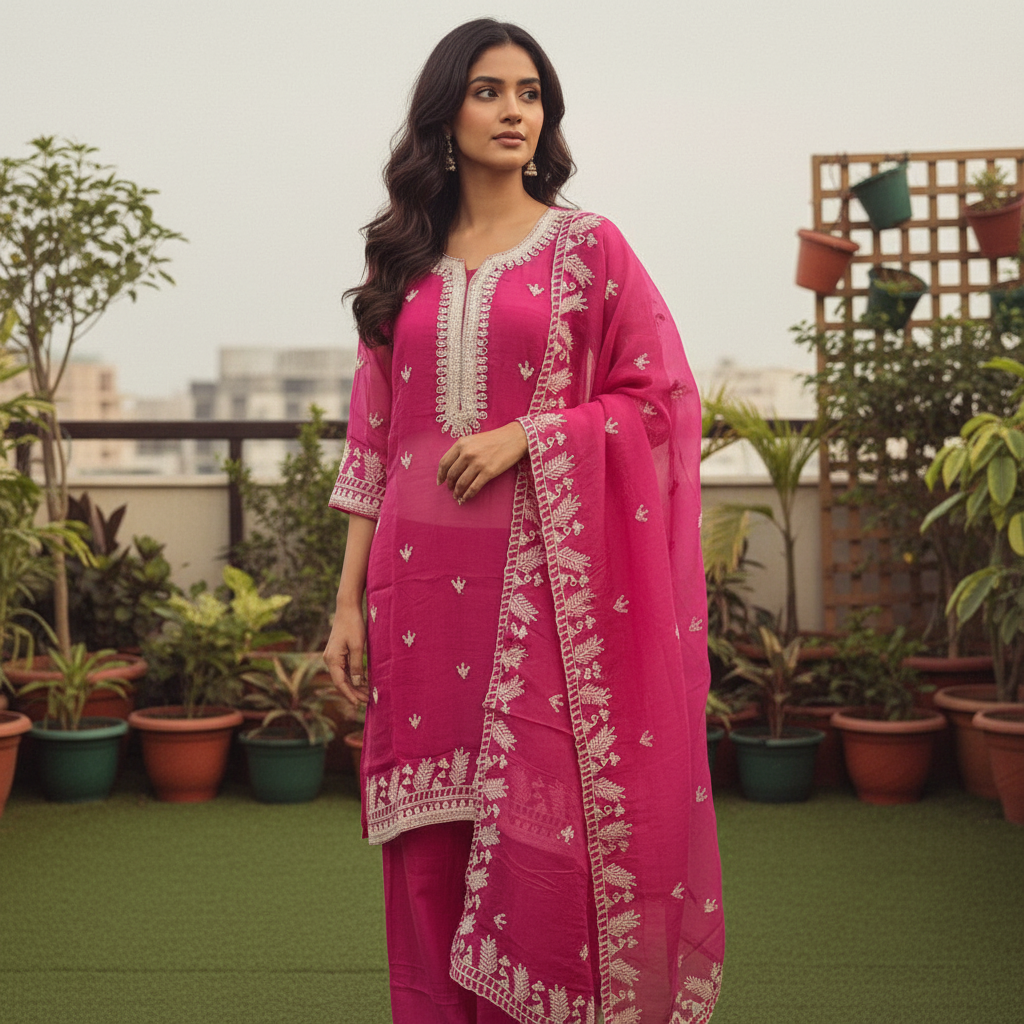 Fuchsia Pink Pure Viscose Organza Suit Set