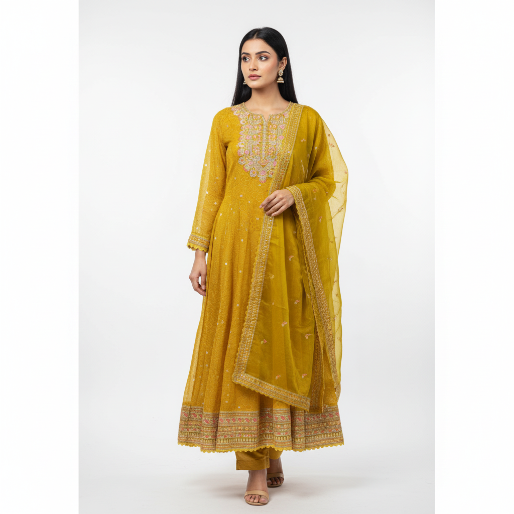 Mustard Yellow Viscose Organza Anarkali Suit Set