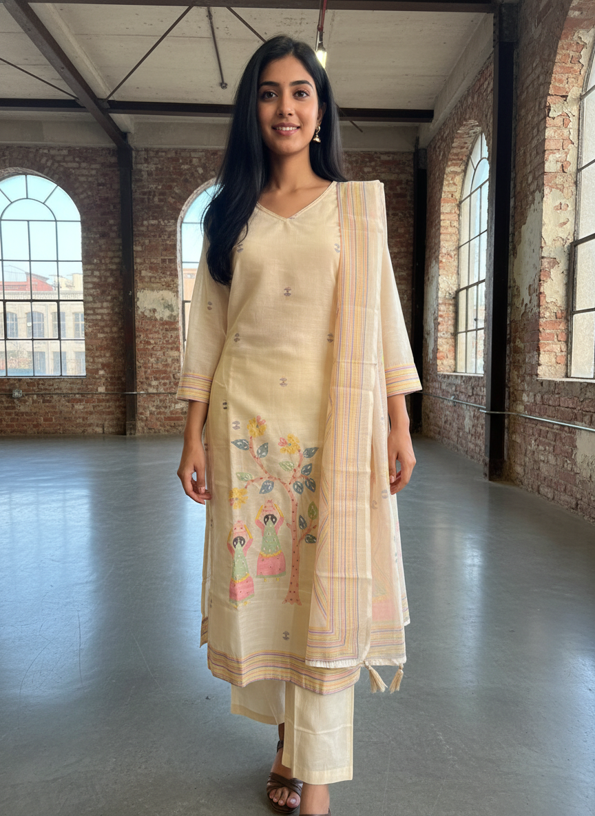 Slub Textured Cotton Straight Suit Set with Tribal Embroidery