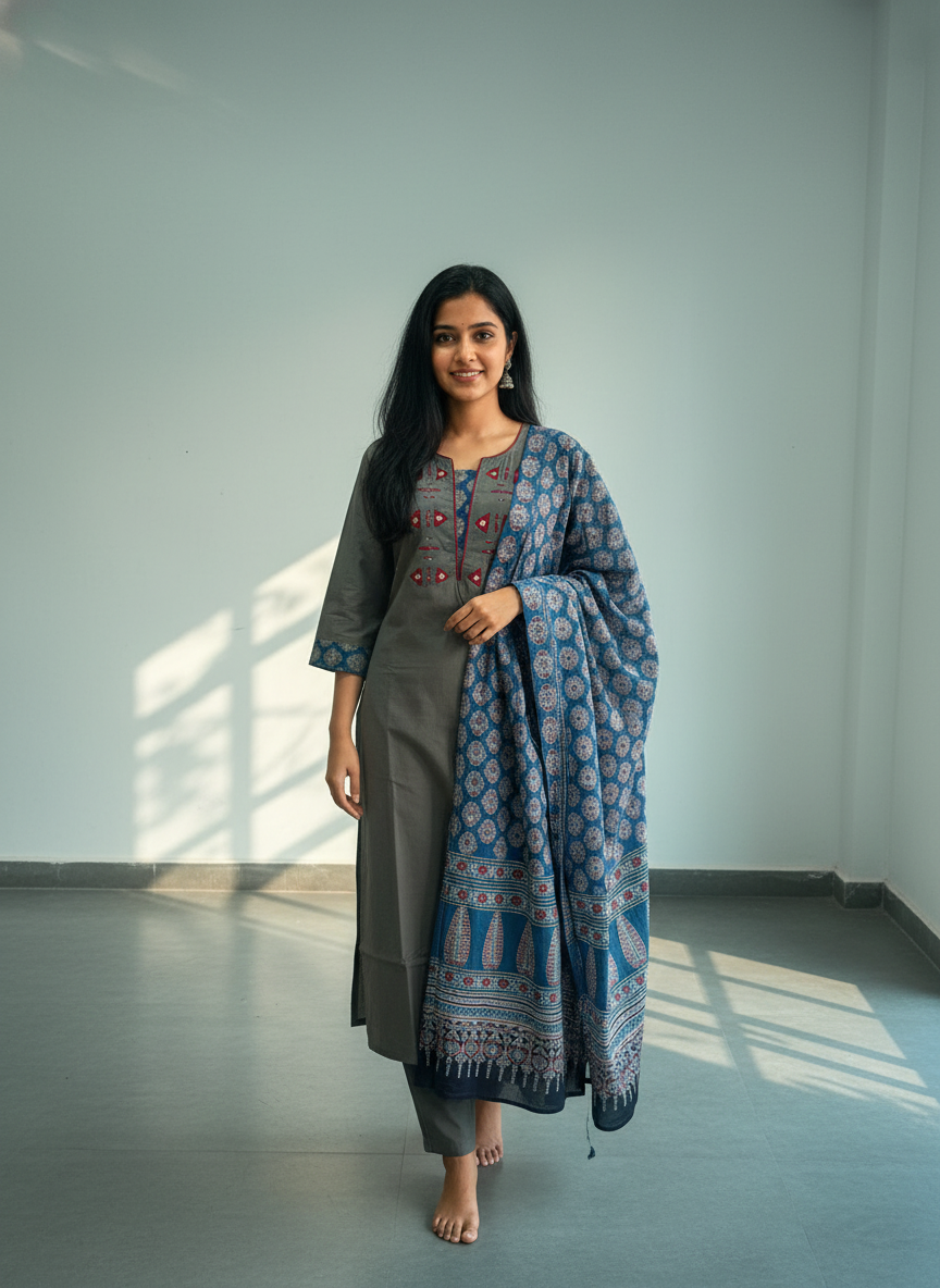 Thick Cotton Grey Kurta Pant Set with Bagru Ajrakh Dupatta