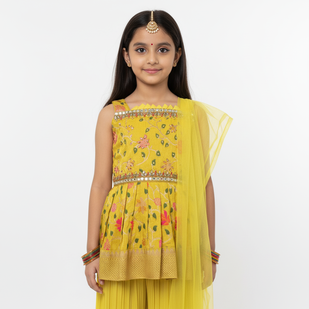 Lime Yellow Kids’ Brocade Jacquard Dress Set – Festive & Elegant