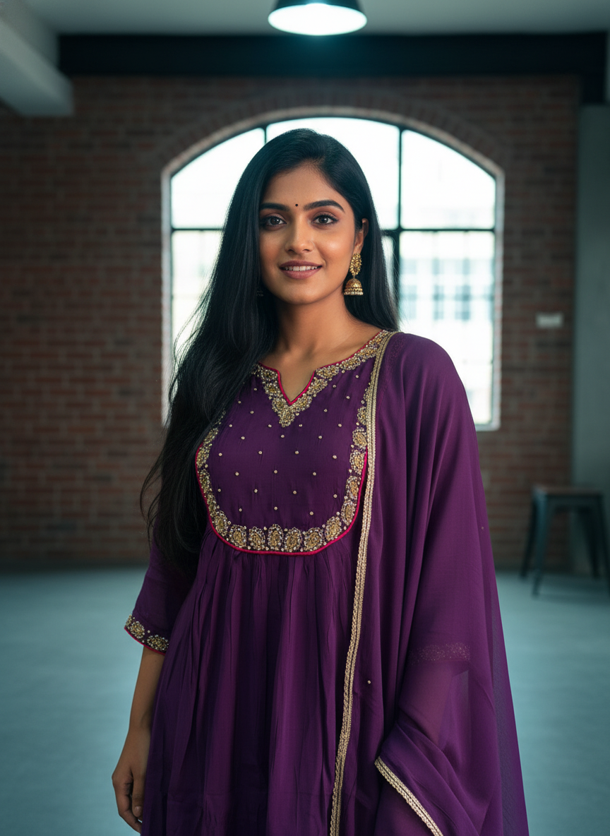 Elegant Purple Mal Chanderi A-Line Suit Set with Handwork Detailing